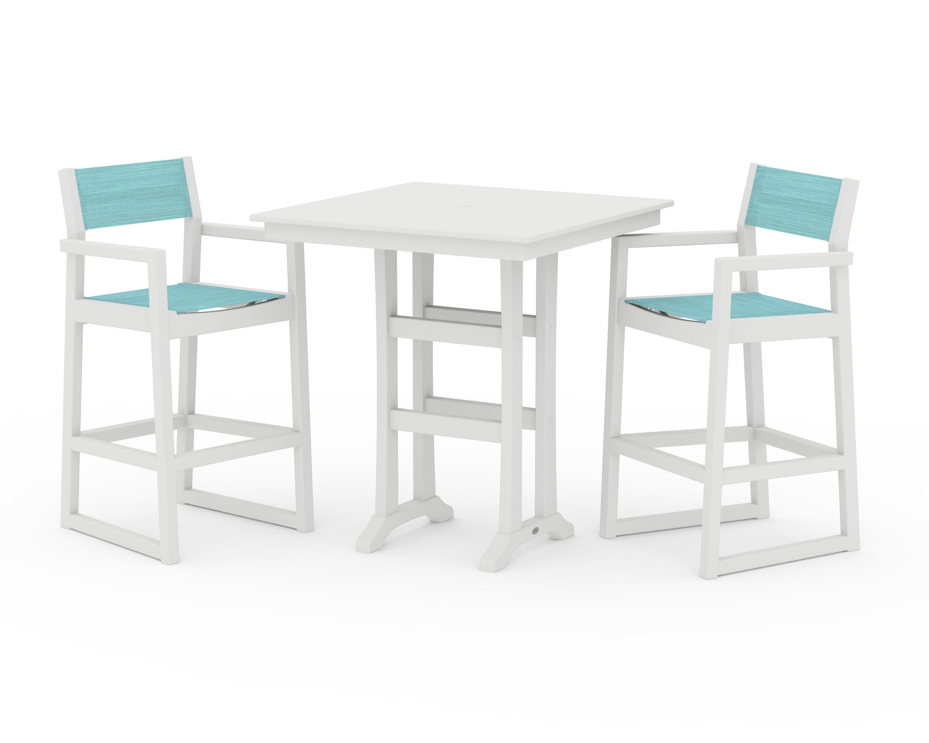 EDGE Sling Arm Chair 3-Piece Farmhouse Bar Set with Trestle Legs in Vintage White / Dupioni Aquamarine Sling