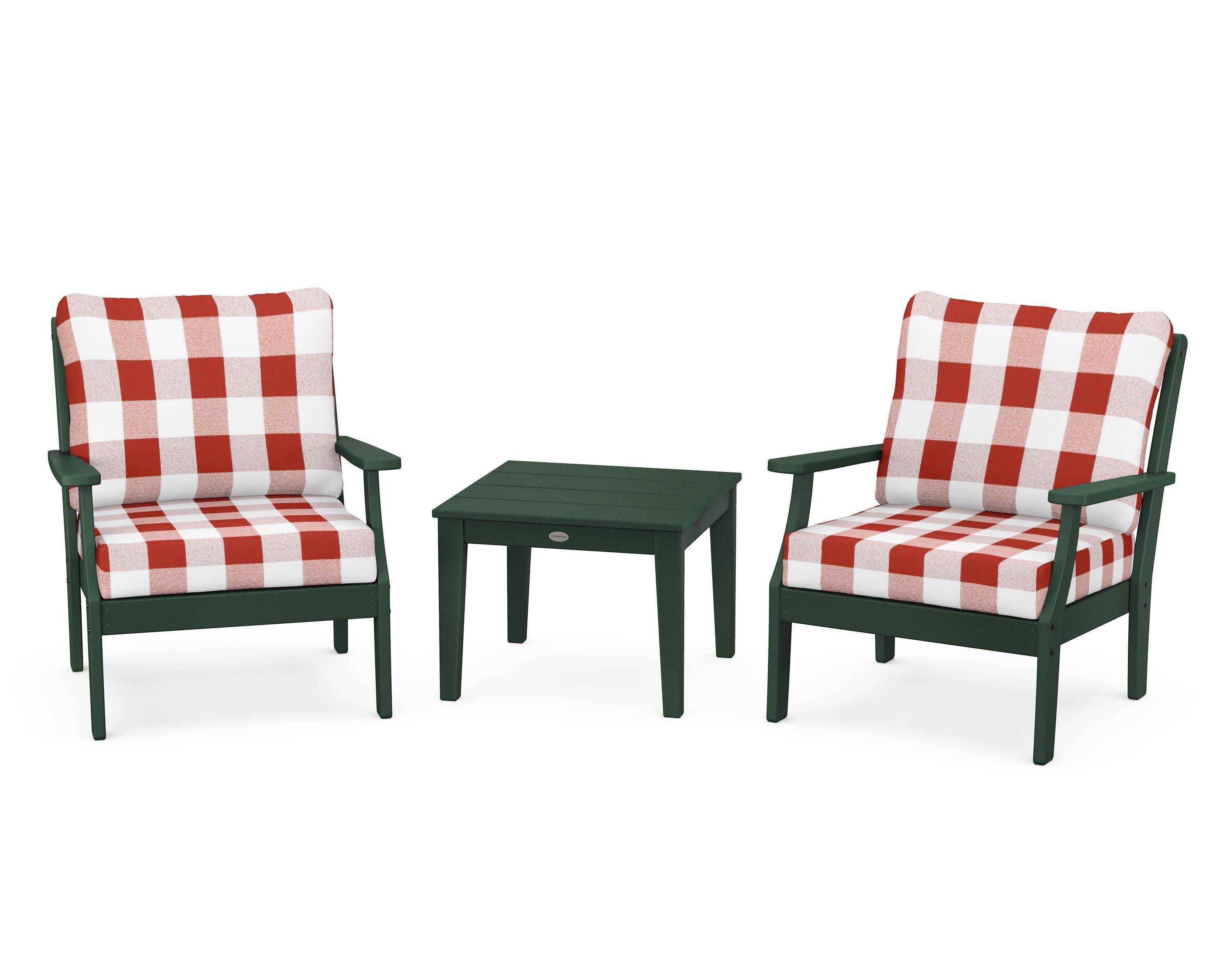 Braxton 3-Piece Deep Seating Set in Green / Buffalo Plaid Crimson