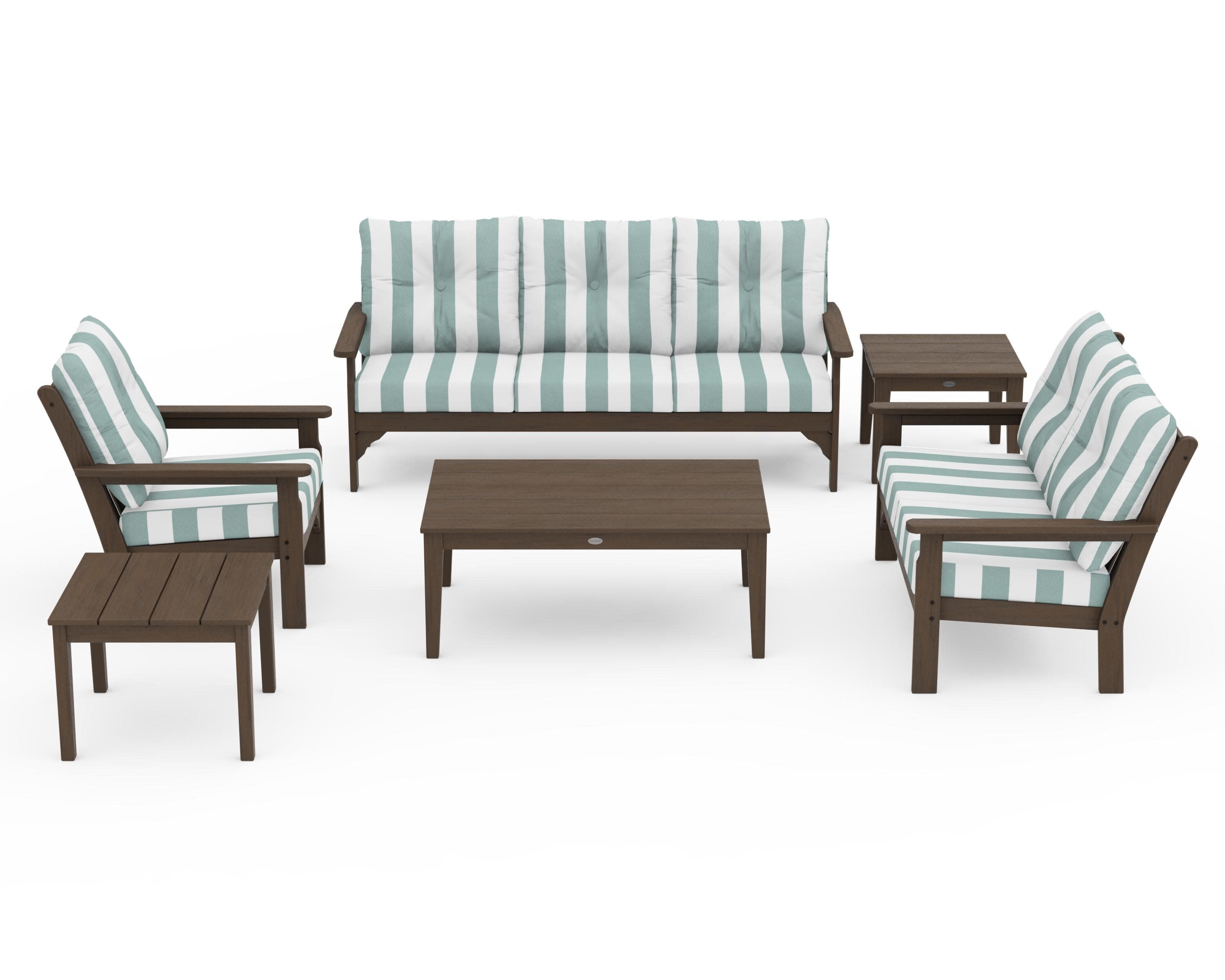 Vineyard 6-Piece Deep Seating Set in Kona / Cabana Stripe Glacier Spa