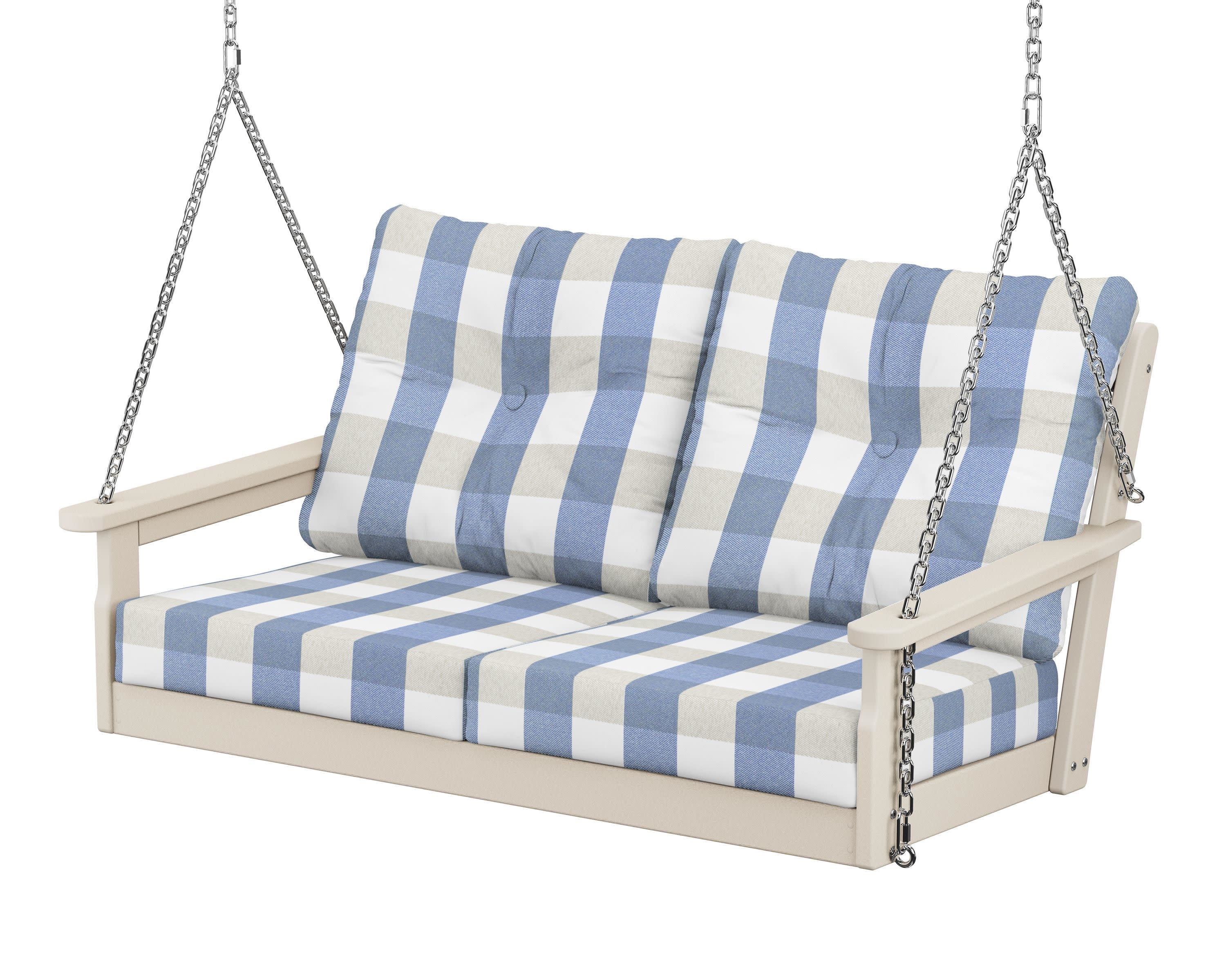 Vineyard Deep Seating Swing in Sand / Buffalo Plaid Sky Blue