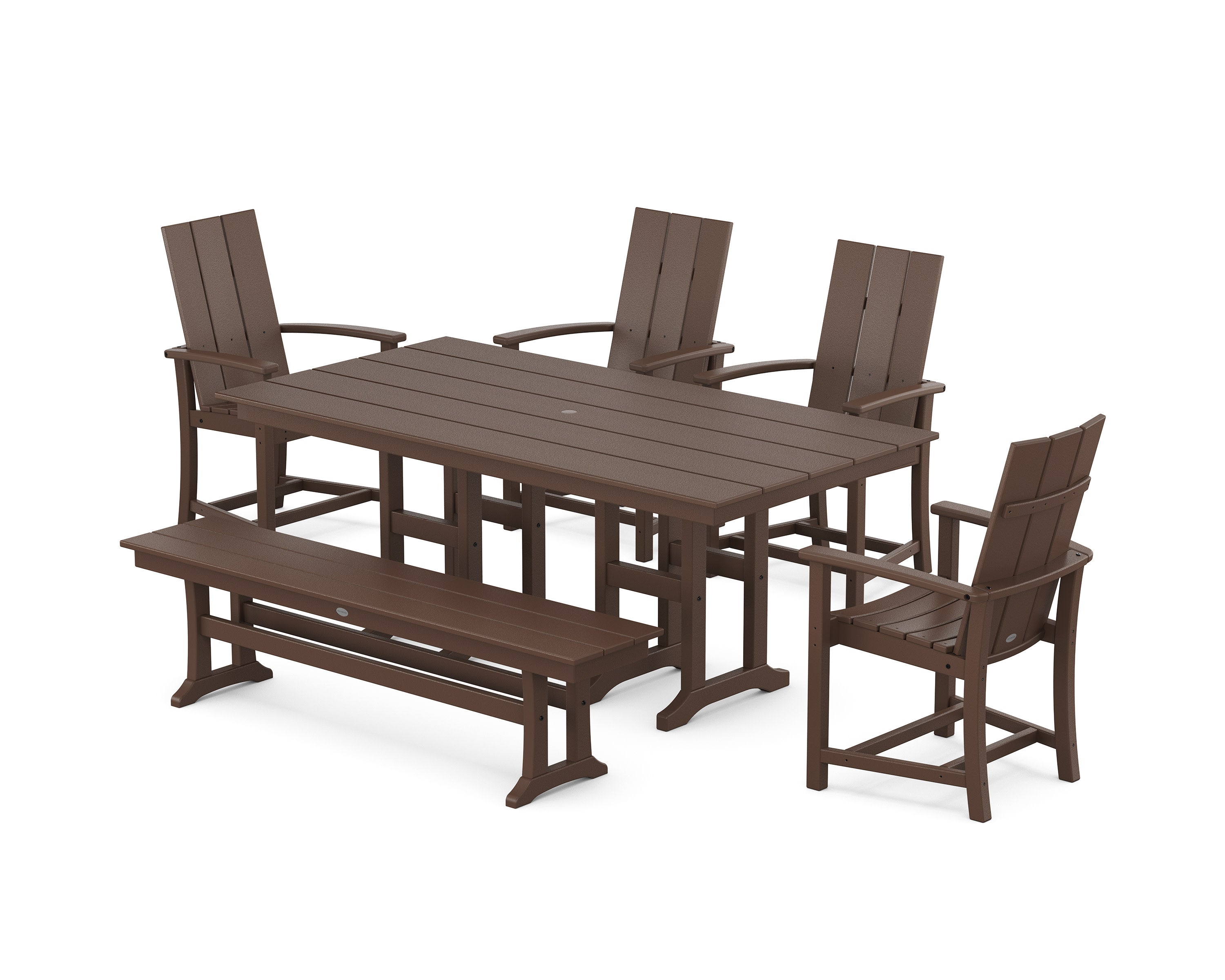 Modern Adirondack 6-Piece Dining Set with Trestle Legs and Bench in Mahogany