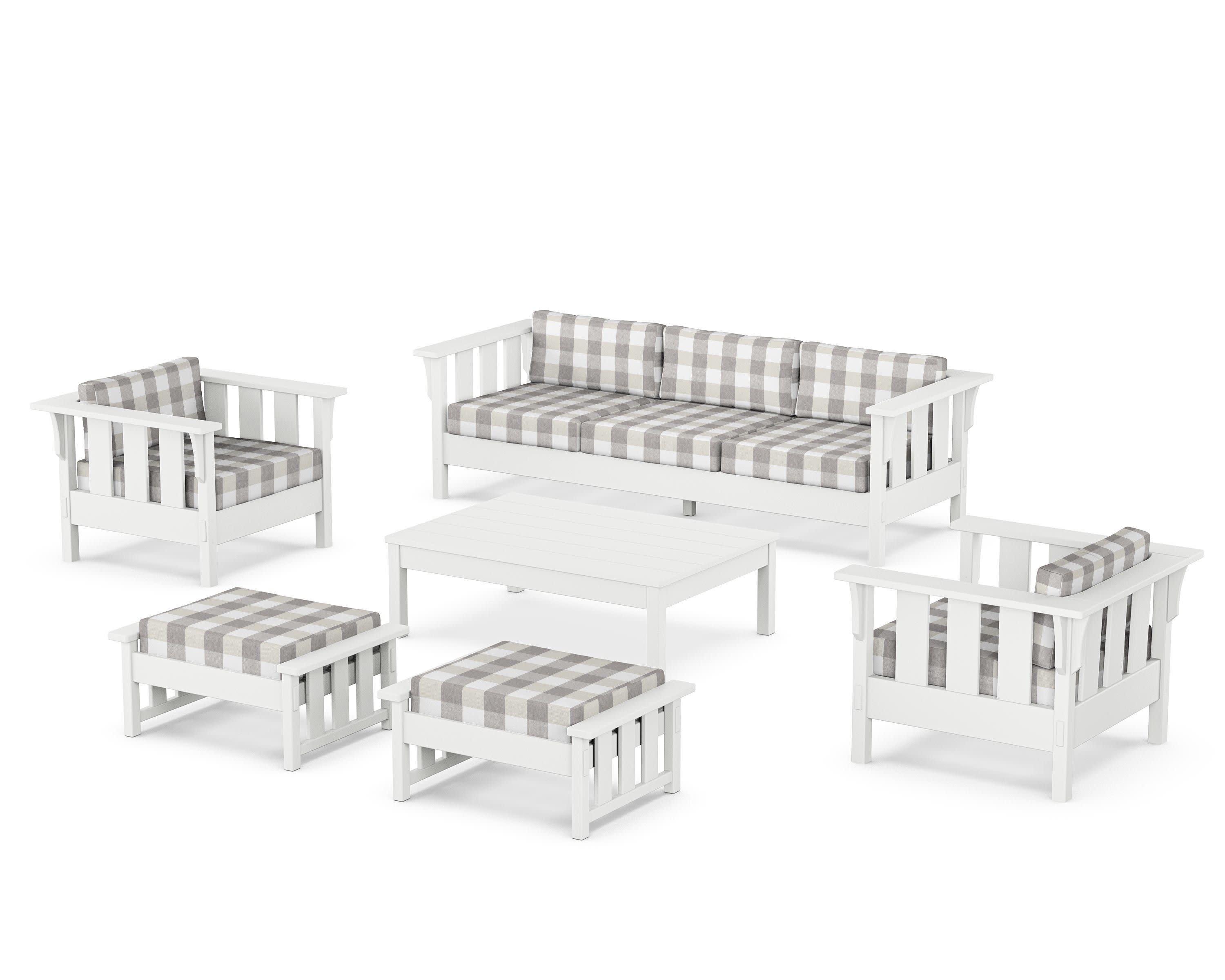 Acadia 6-Piece Lounge Sofa Set in White / Buffalo Plaid Grey Mist