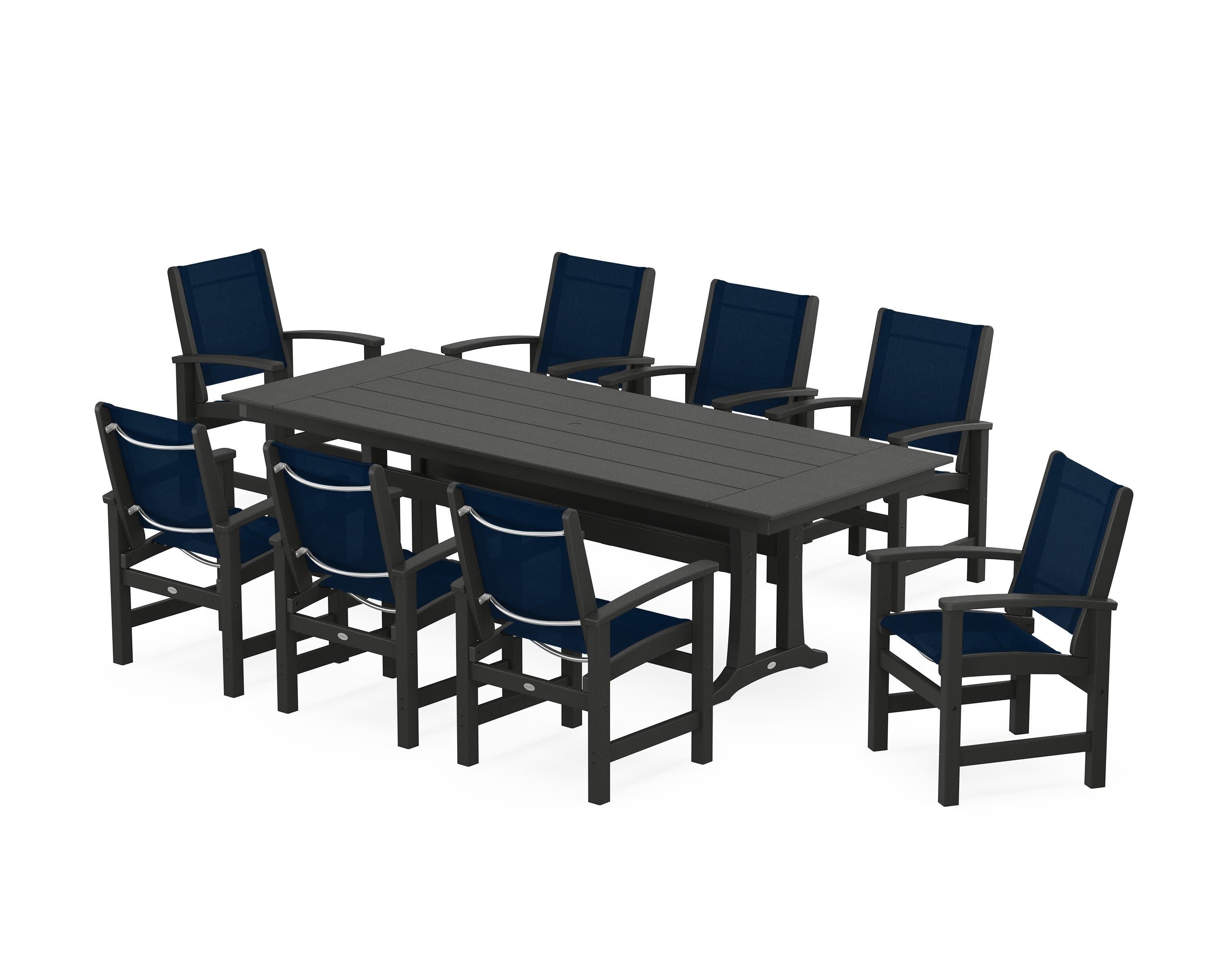 Coastal 9-Piece Farmhouse Dining Set with Trestle Legs in Black / Navy Blue Sling