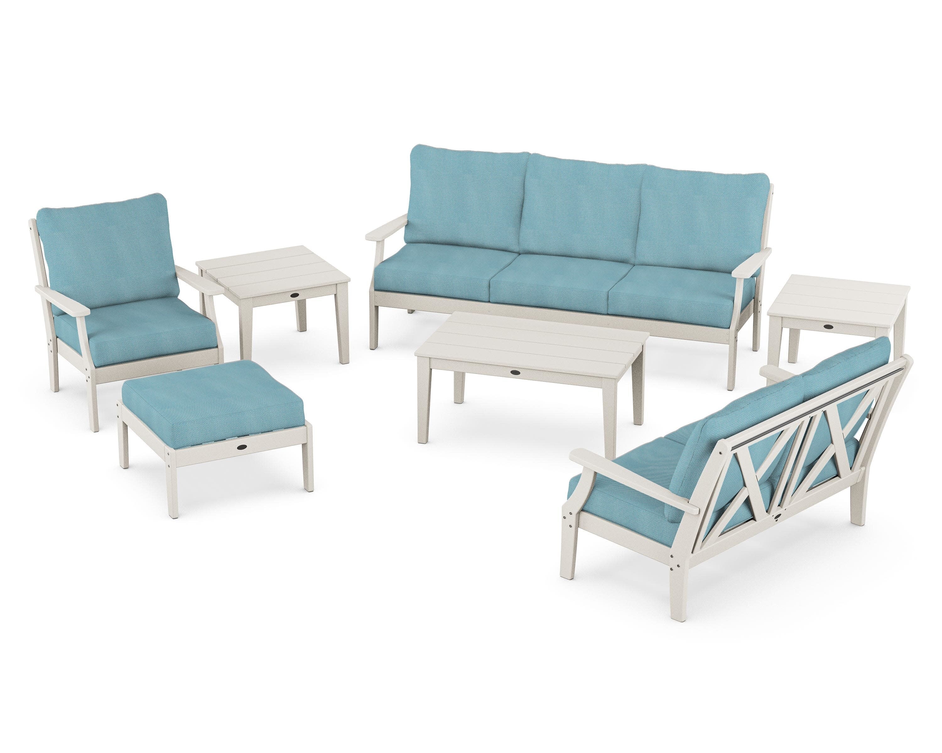 Braxton 7-Piece Deep Seating Set in Sand / Lattice Sky Blue