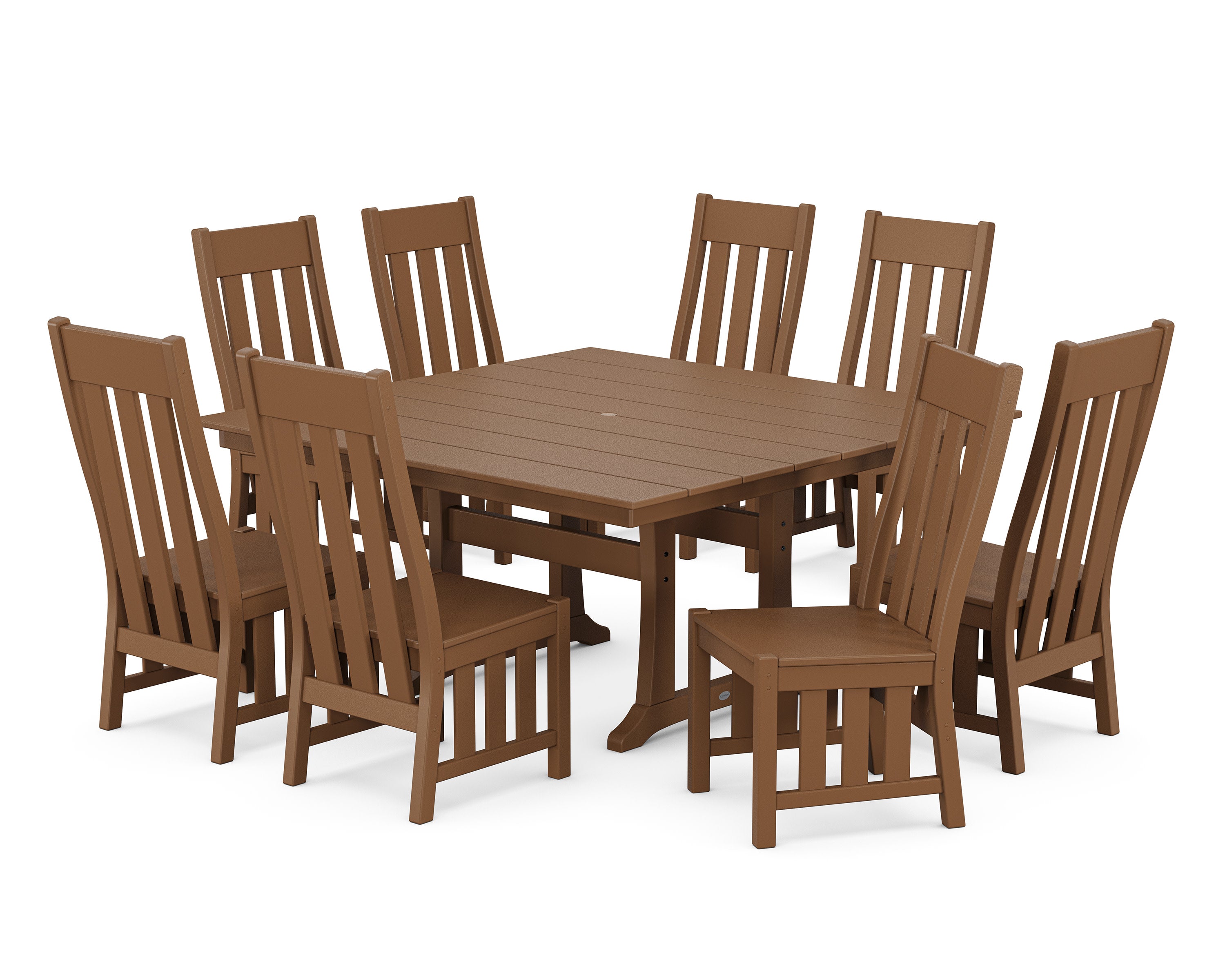 Acadia Side Chair 9-Piece Square Farmhouse Dining Set with Trestle Legs in Teak