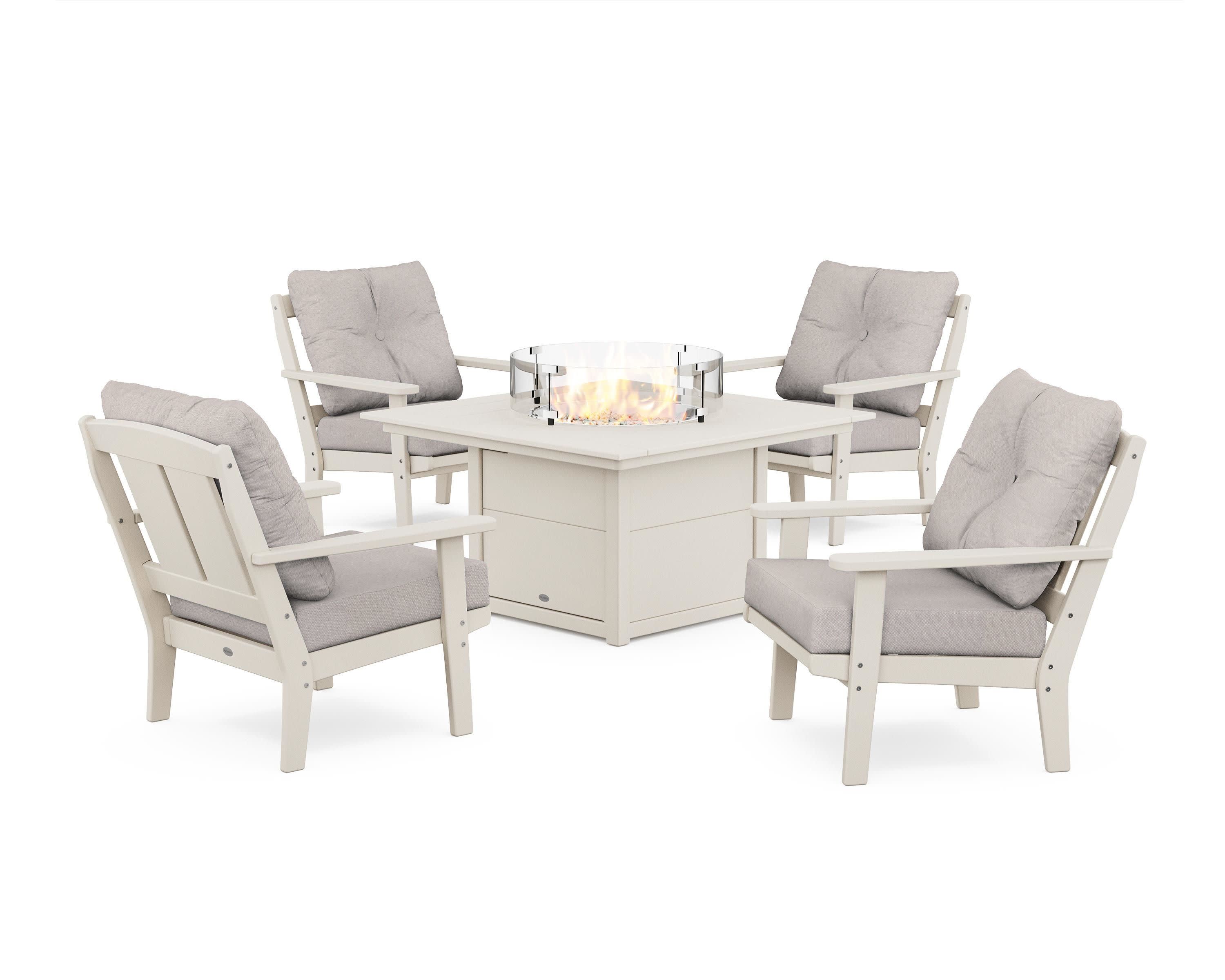 Mission 5-Piece Deep Seating Set with Fire Pit Table in Sand / Dune Burlap