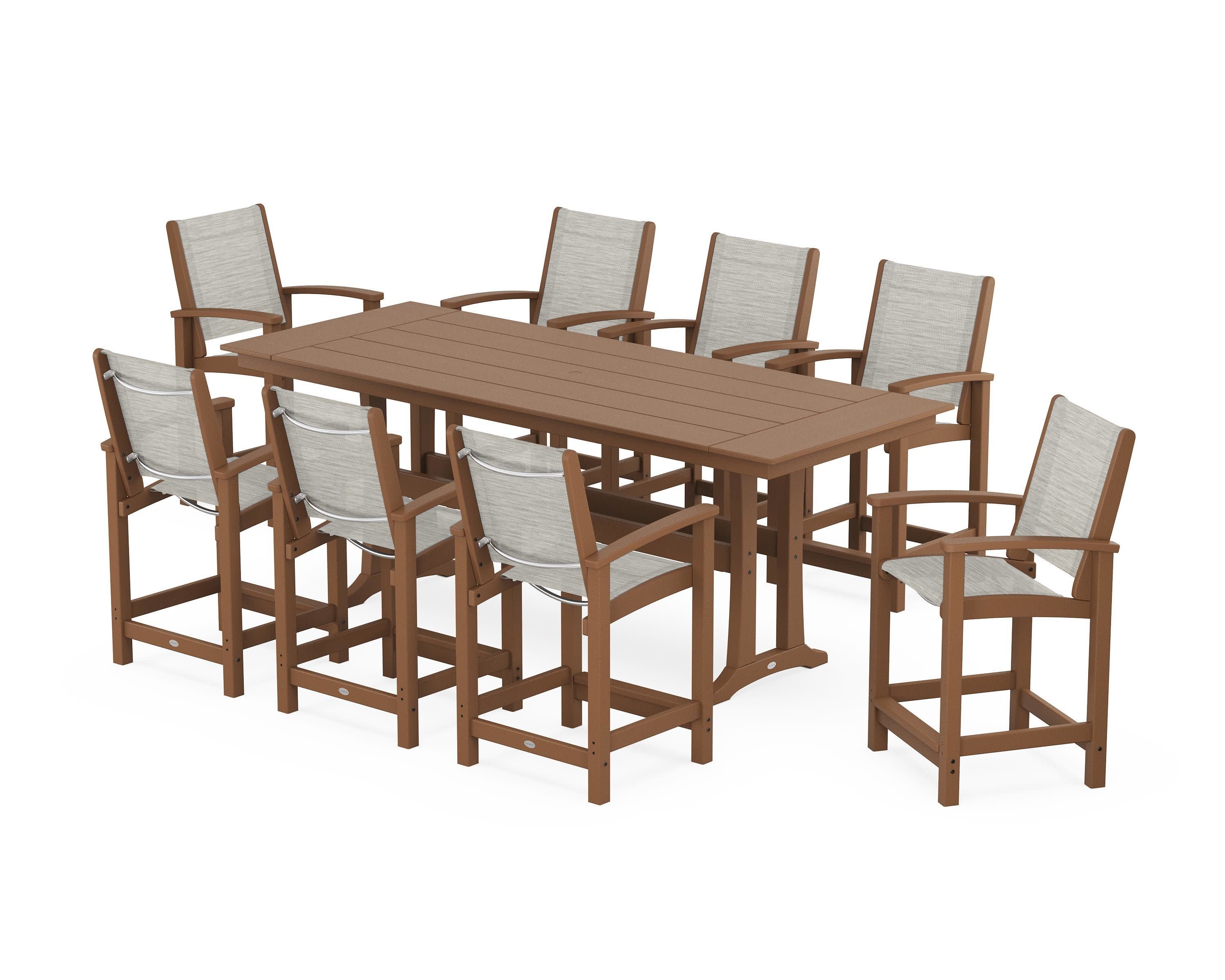 Coastal 9-Piece Farmhouse Counter Set with Trestle Legs in Teak / Birch Sling