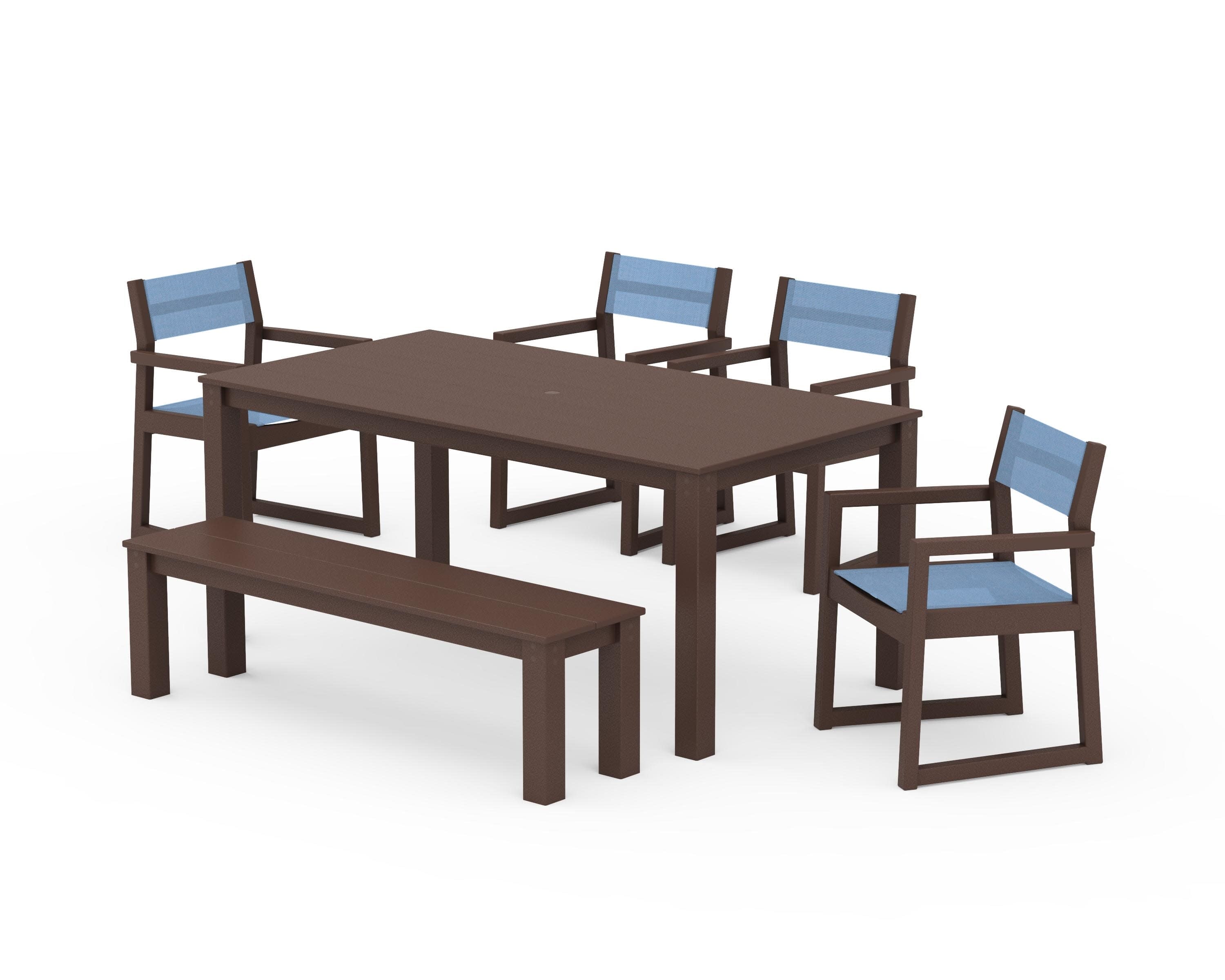 EDGE Sling Arm Chair 6-Piece Parsons Dining Set with Bench in Mahogany / Poolside Sling