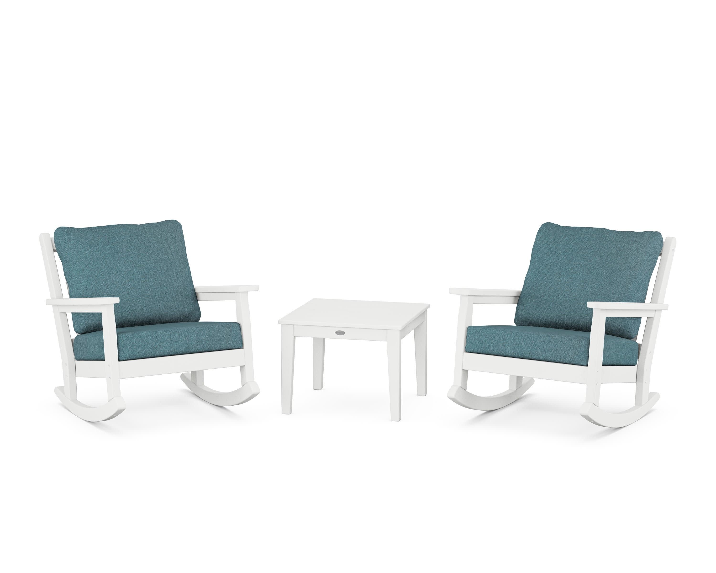 Chippendale 3-Piece Deep Seating Rocker Set in White / Ocean Teal