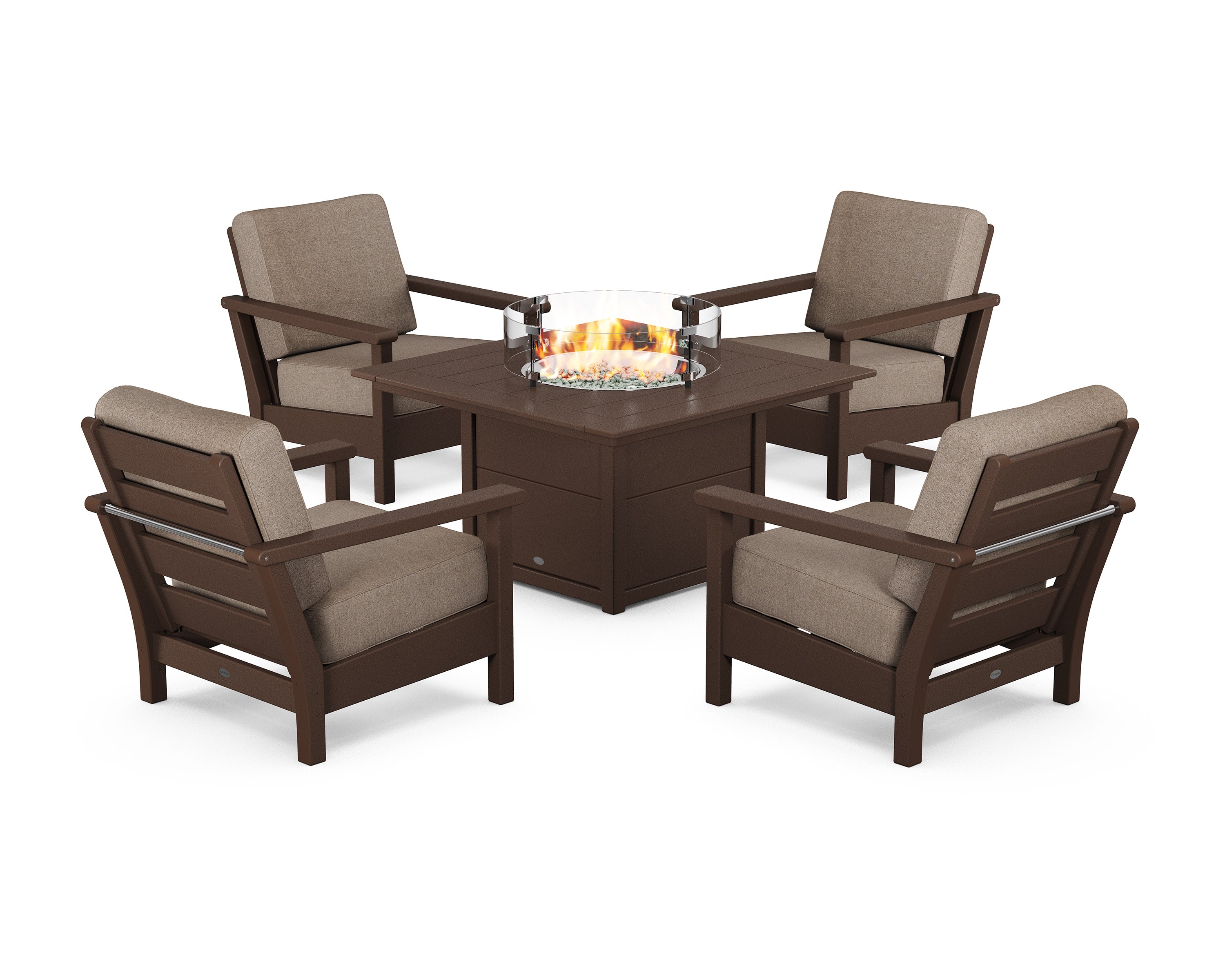 Harbour 5-Piece Conversation Set with Fire Pit Table in Mahogany / Spiced Burlap