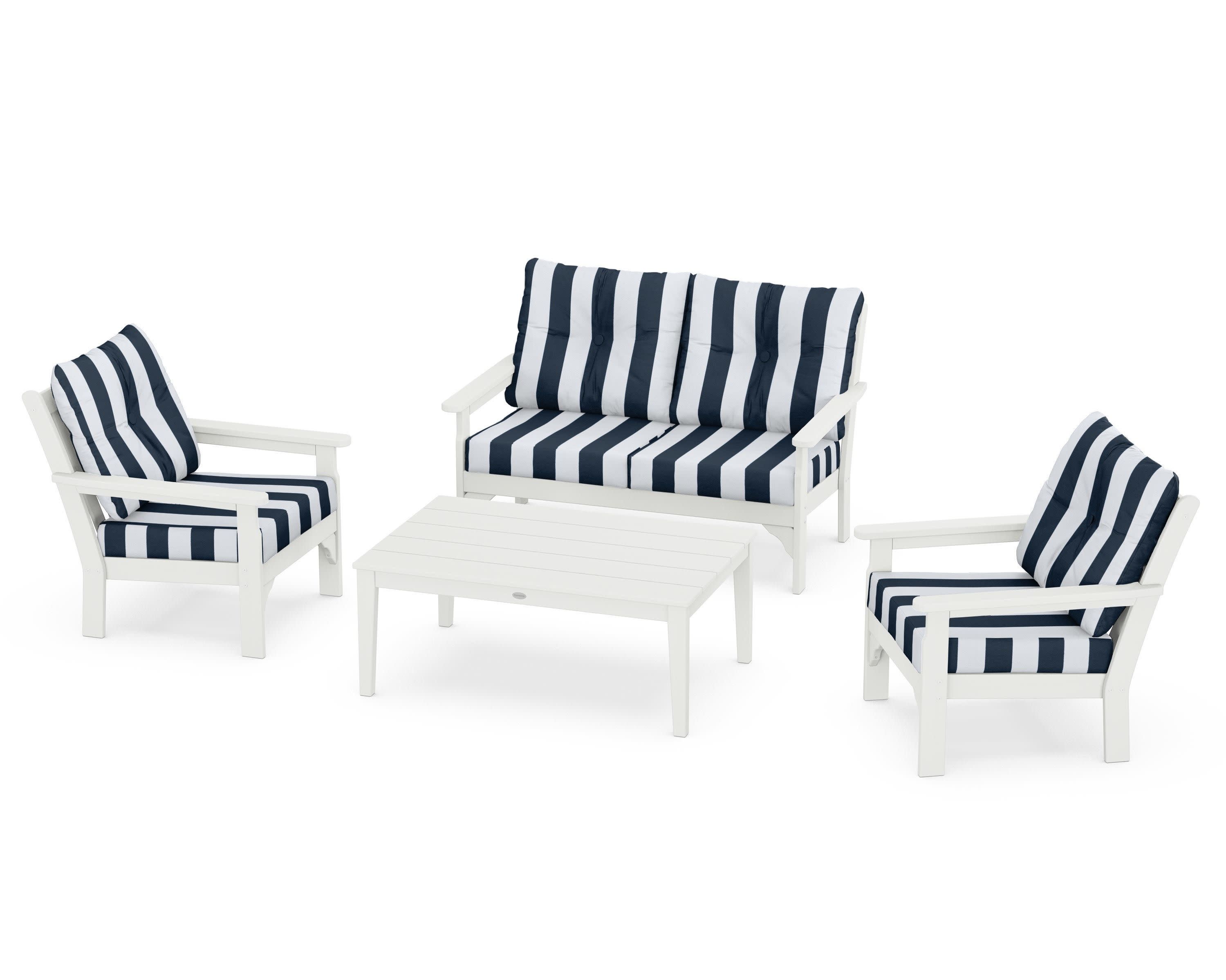 Vineyard 4-Piece Deep Seating Set in Vintage White / Cabana Stripe Marine Indigo