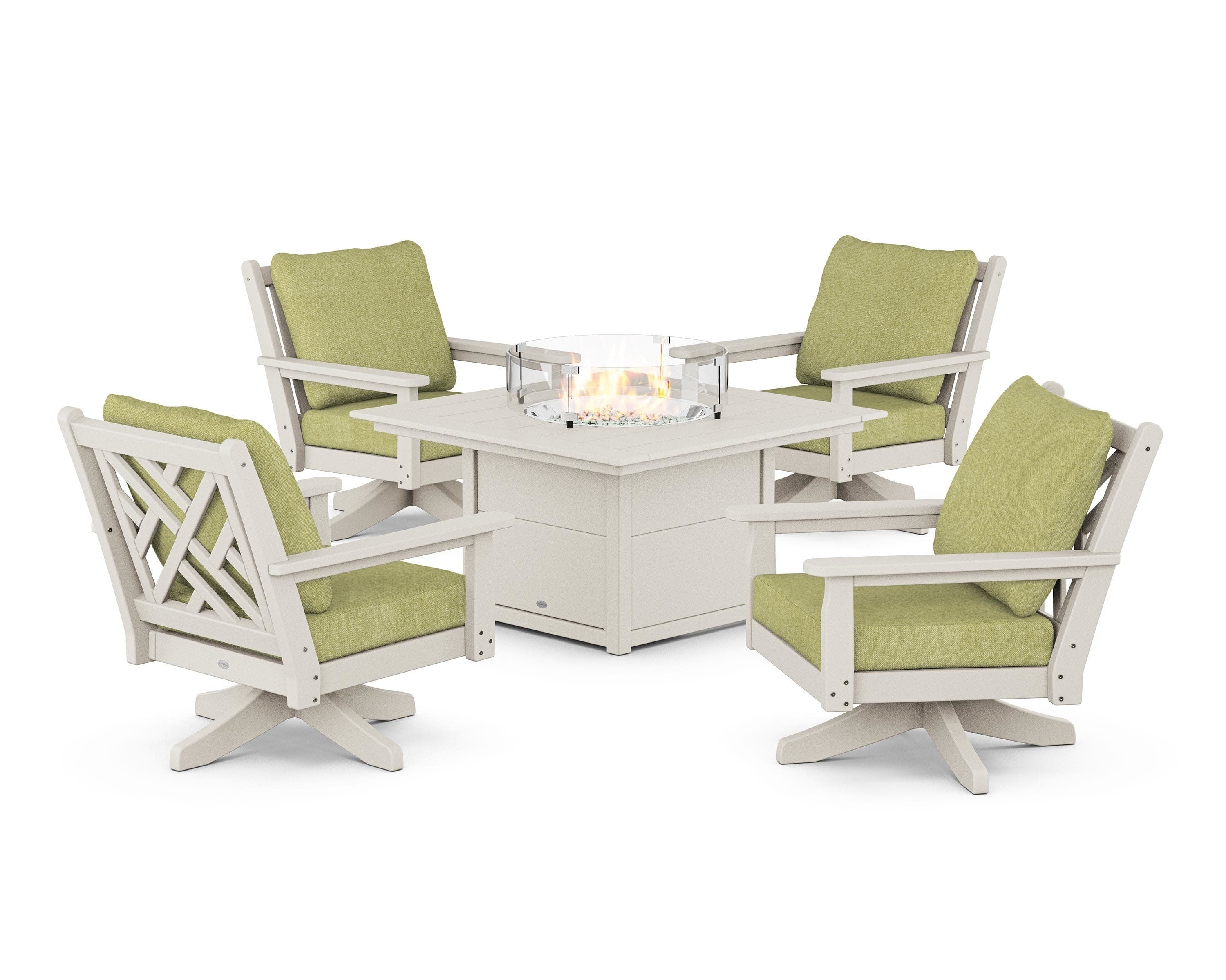 Chippendale 5-Piece Deep Seating Swivel Conversation Set with Fire Pit Table in Sand / Chartreuse Boucle