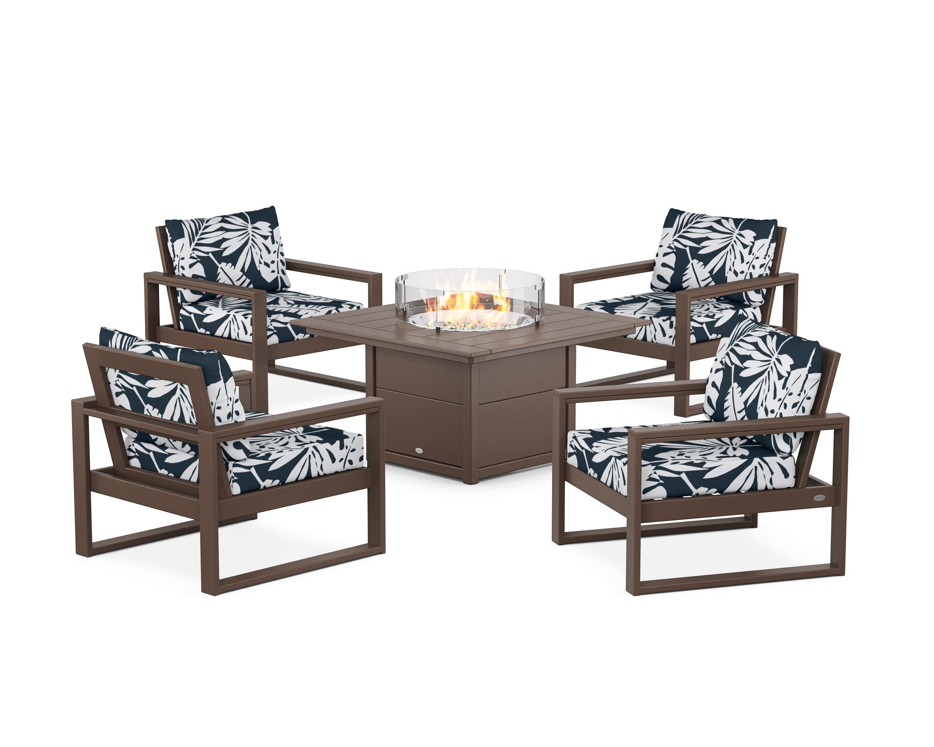 EDGE Sectional 5-Piece Deep Seating Set with Fire Pit Table in Mahogany / Leaf Marine Indigo