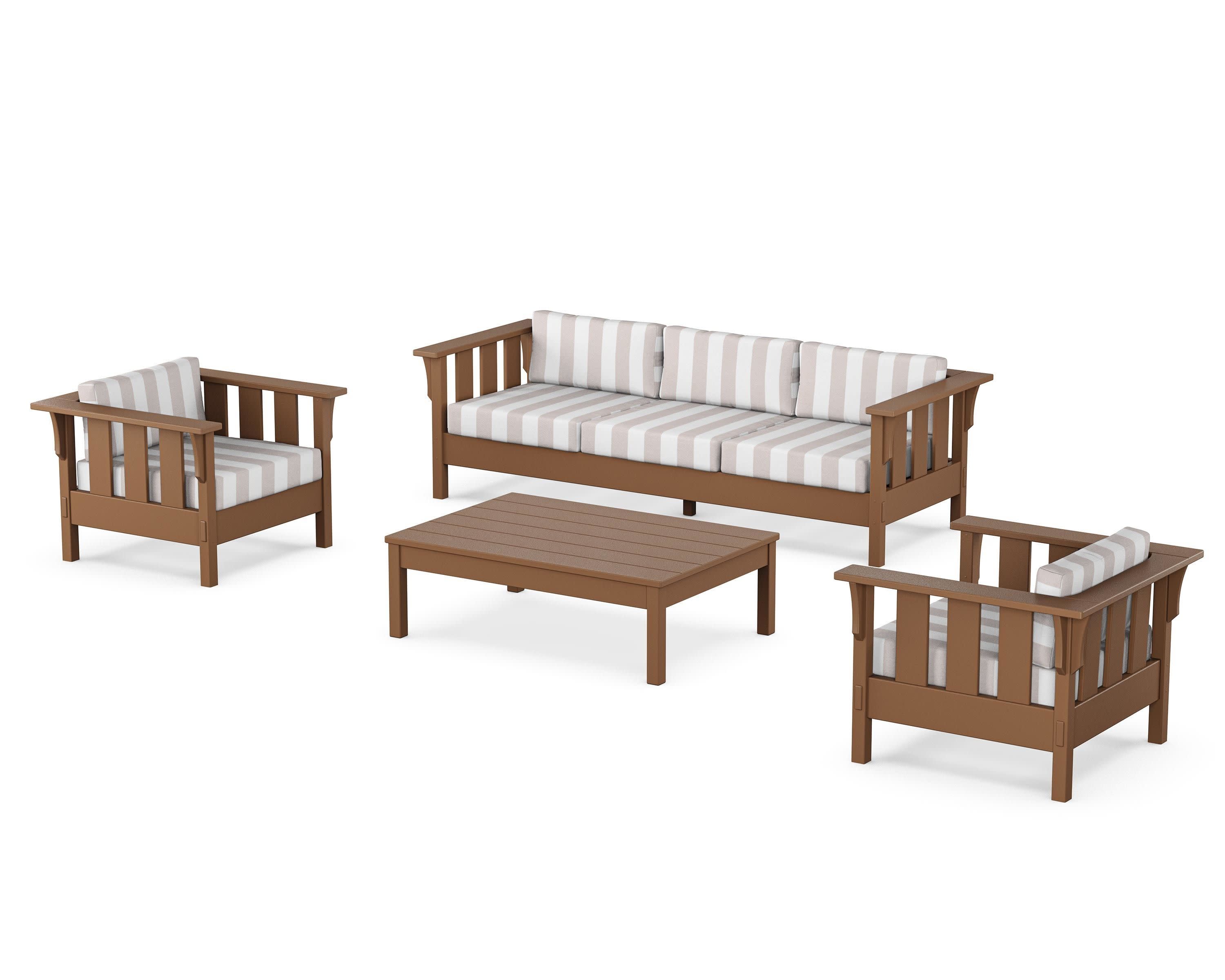 Acadia 4-Piece Deep Seating Set with Sofa in Teak / Cabana Stripe Dune Burlap