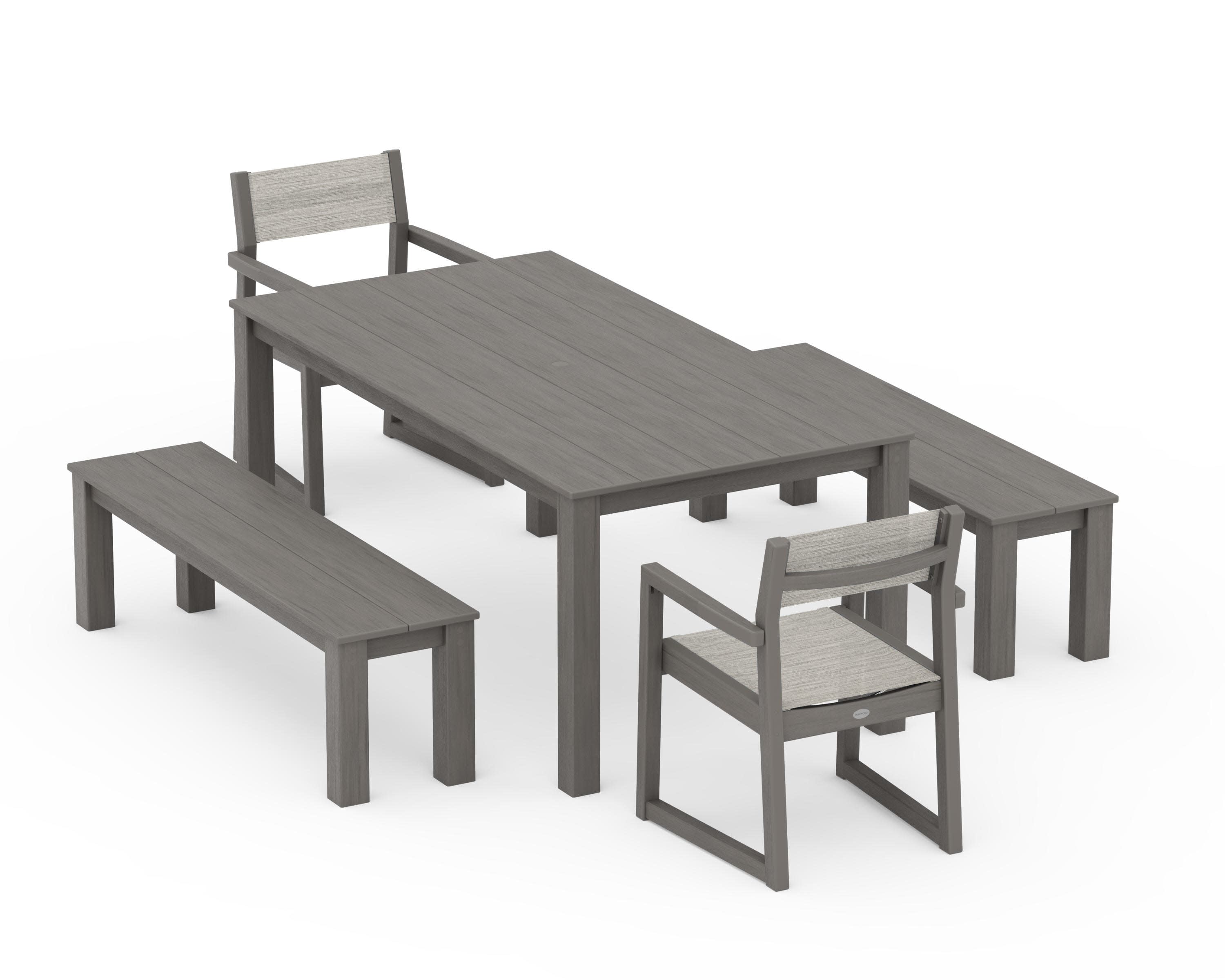 EDGE Sling Arm Chair 5-Piece Parsons Dining Set with Benches in Driftwood / Birch Sling
