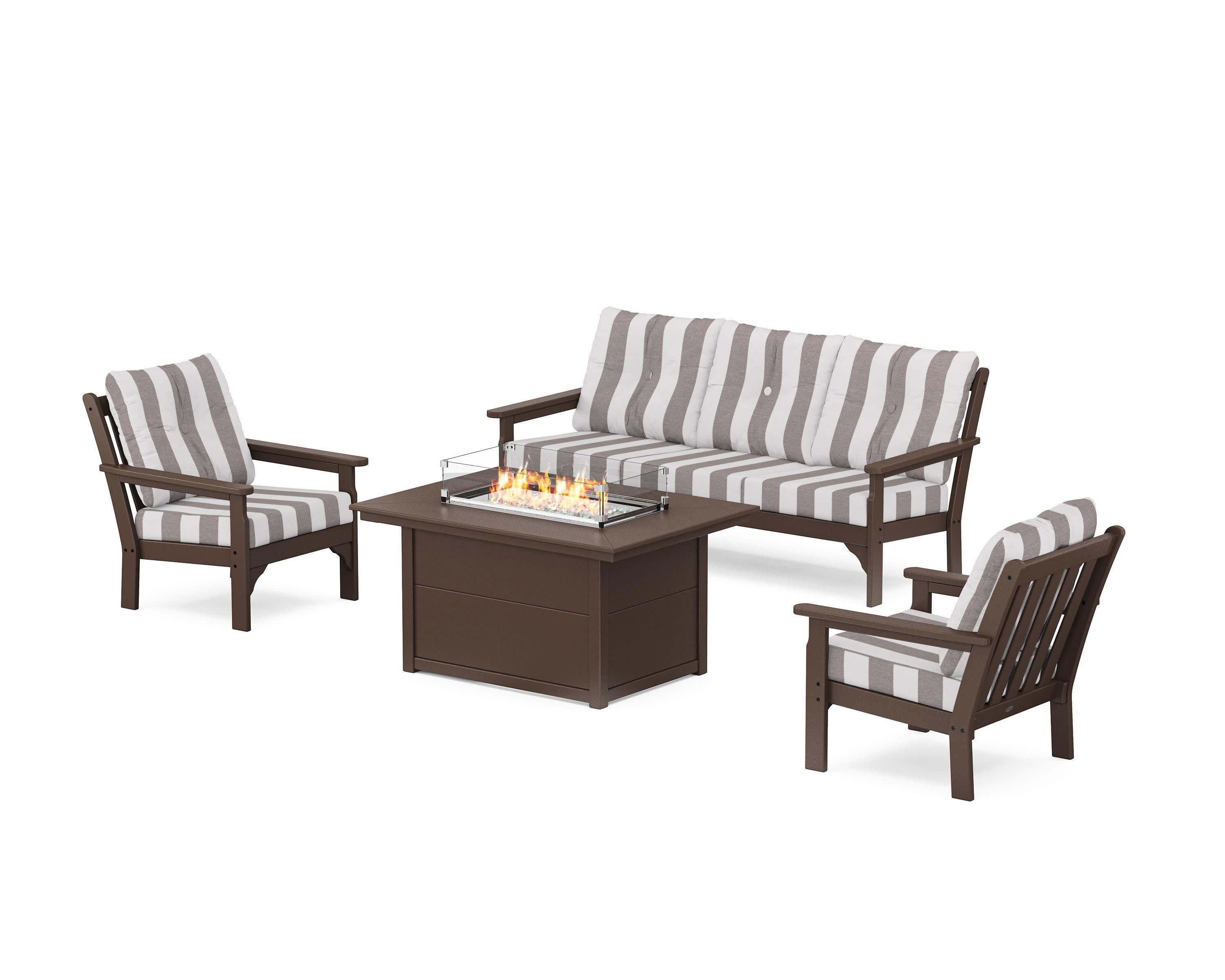 Vineyard Deep Seating Fire Pit Table Set in Mahogany / Cabana Stripe Grey Mist