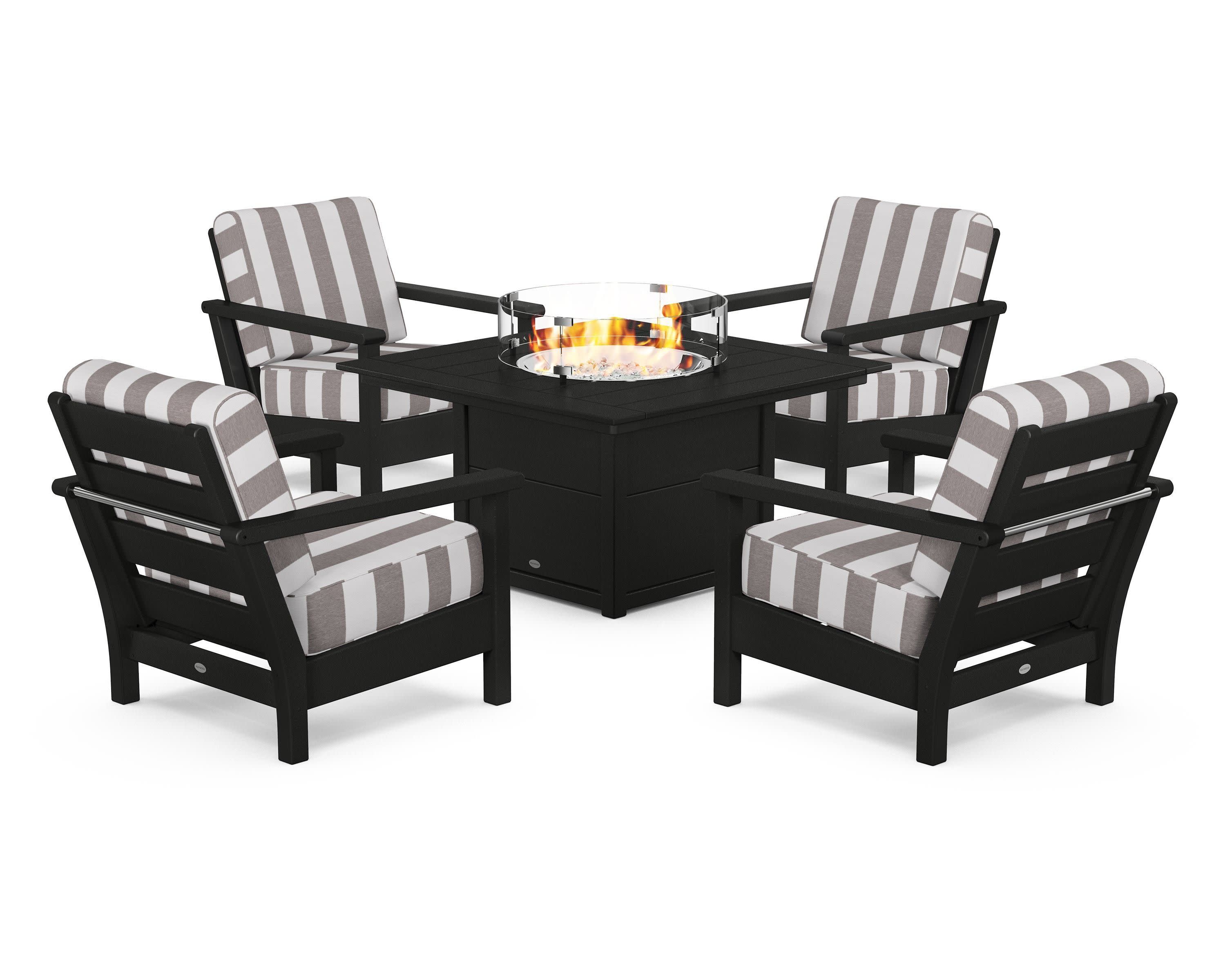 Harbour 5-Piece Conversation Set with Fire Pit Table in Black / Cabana Stripe Grey Mist