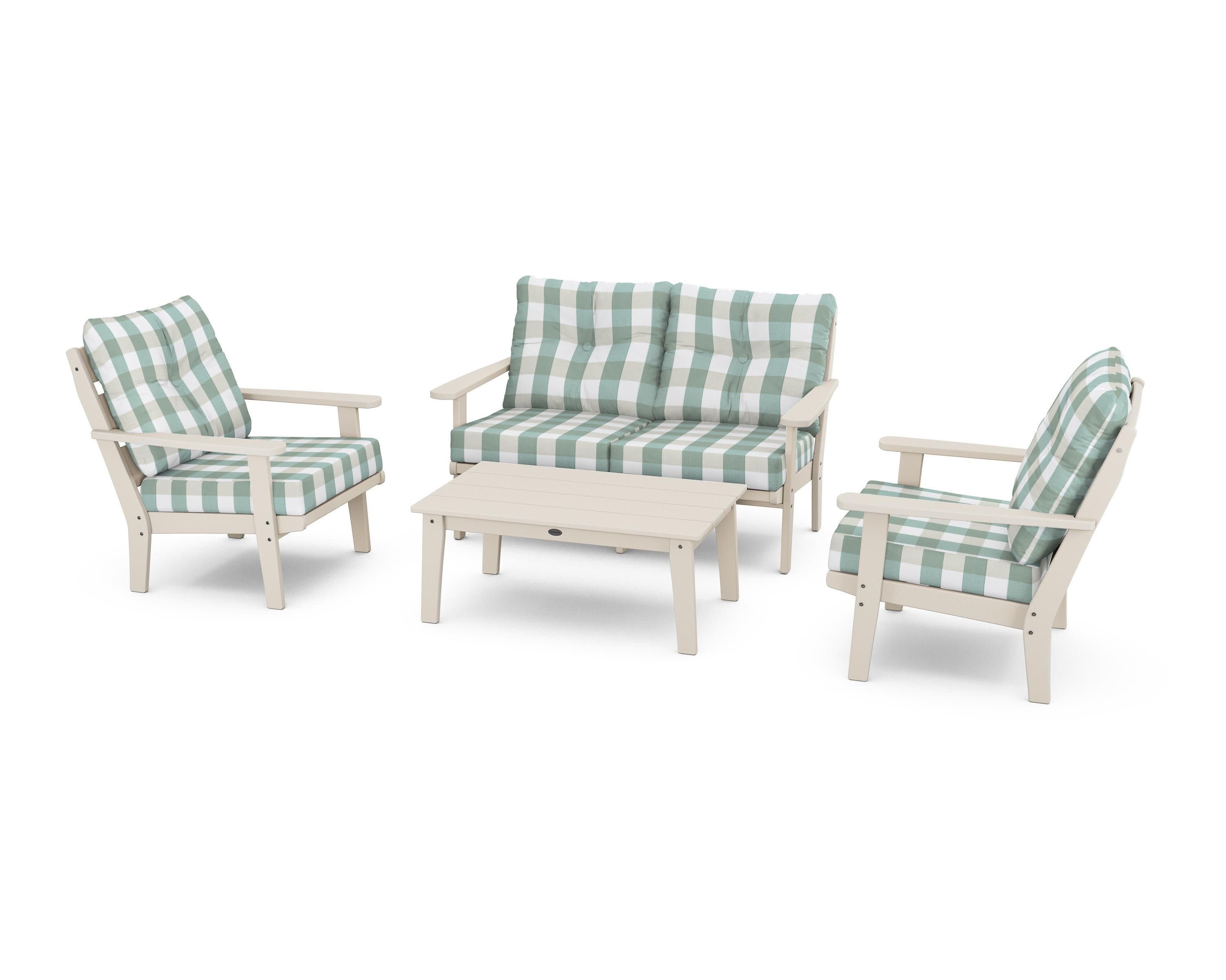 Lakeside 4-Piece Deep Seating Set in Sand / Buffalo Plaid Glacier Spa