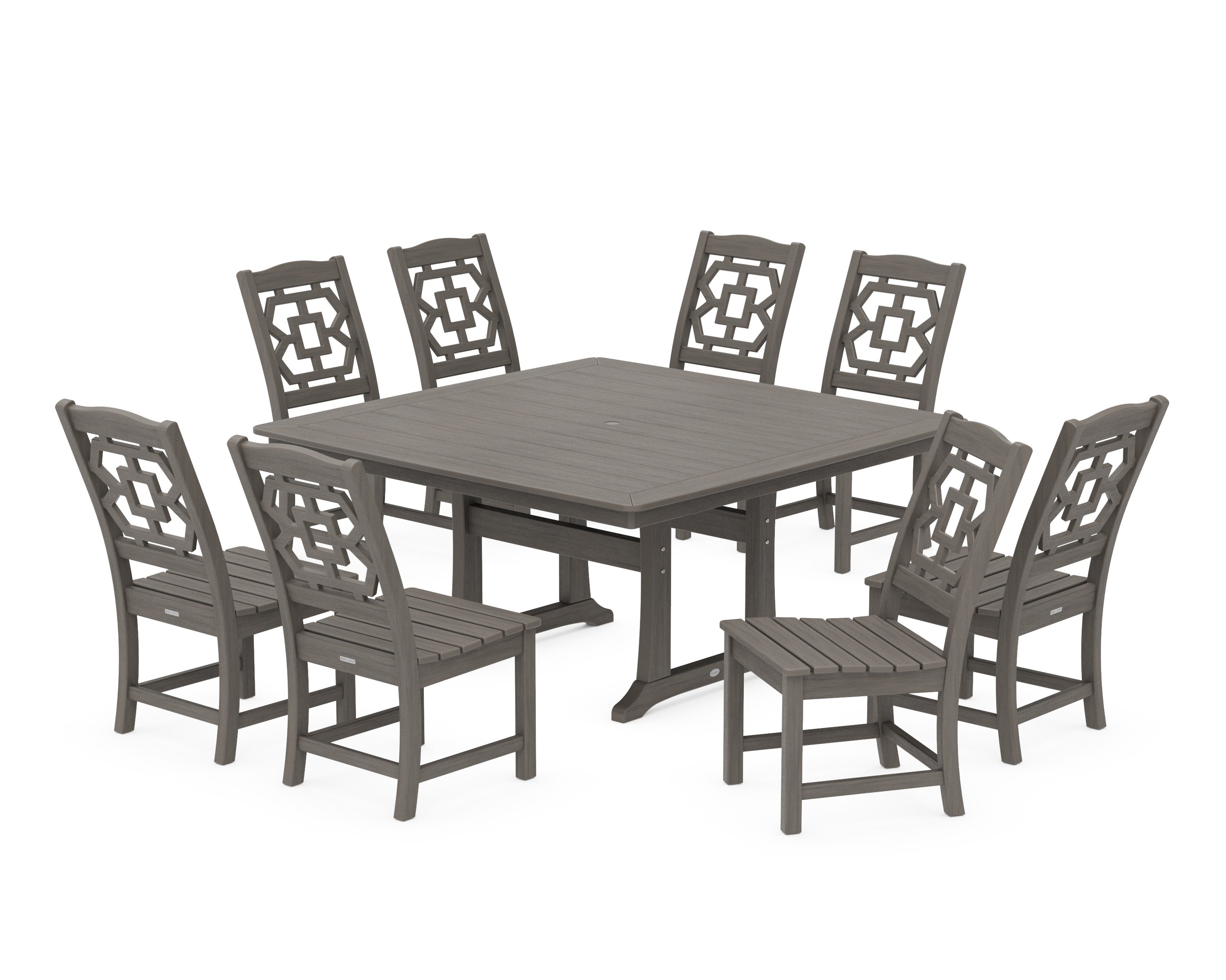 Chinoiserie 9-Piece Square Side Chair Dining Set with Trestle Legs in Driftwood