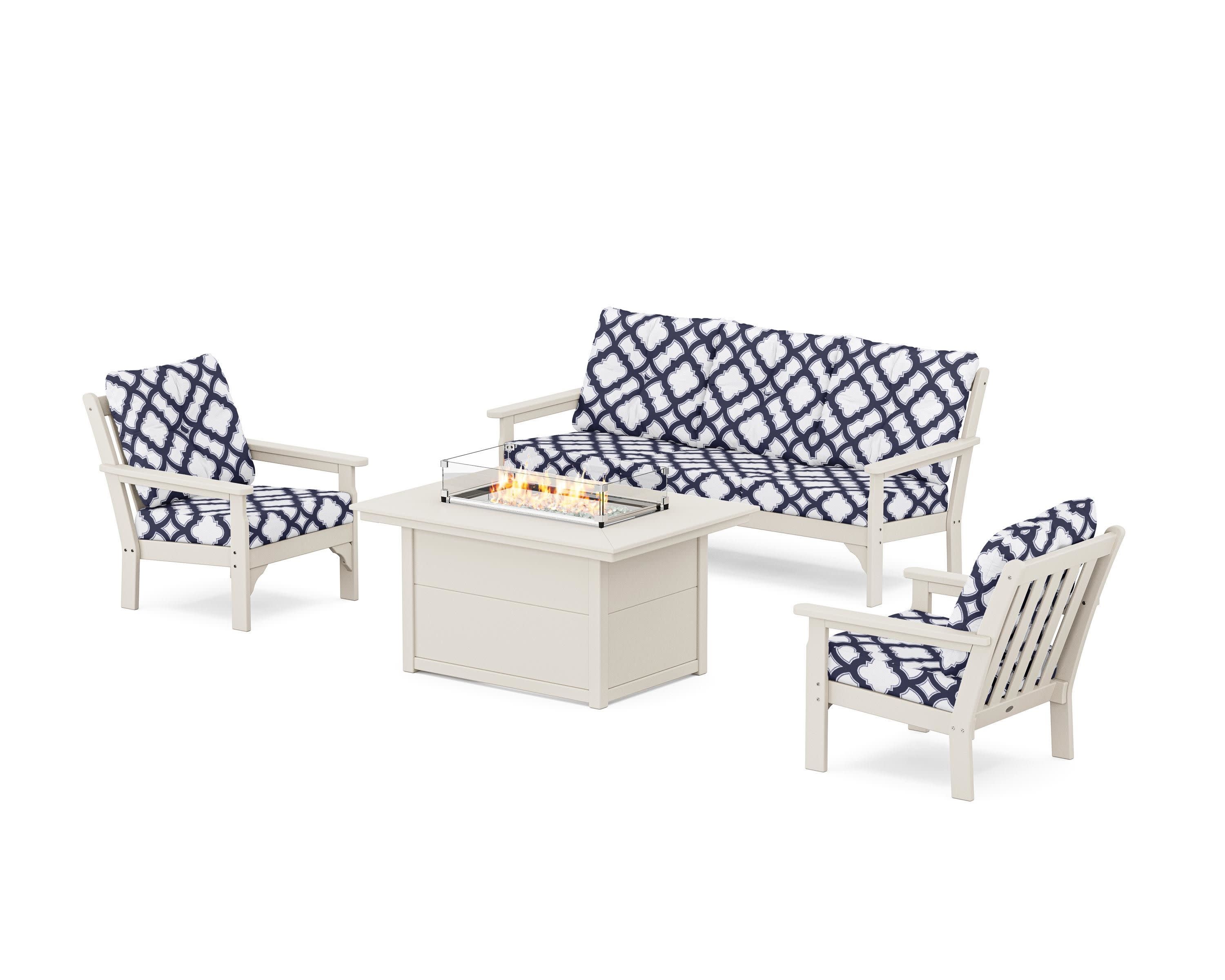 Vineyard Deep Seating Fire Pit Table Set in Sand / Trellis Navy