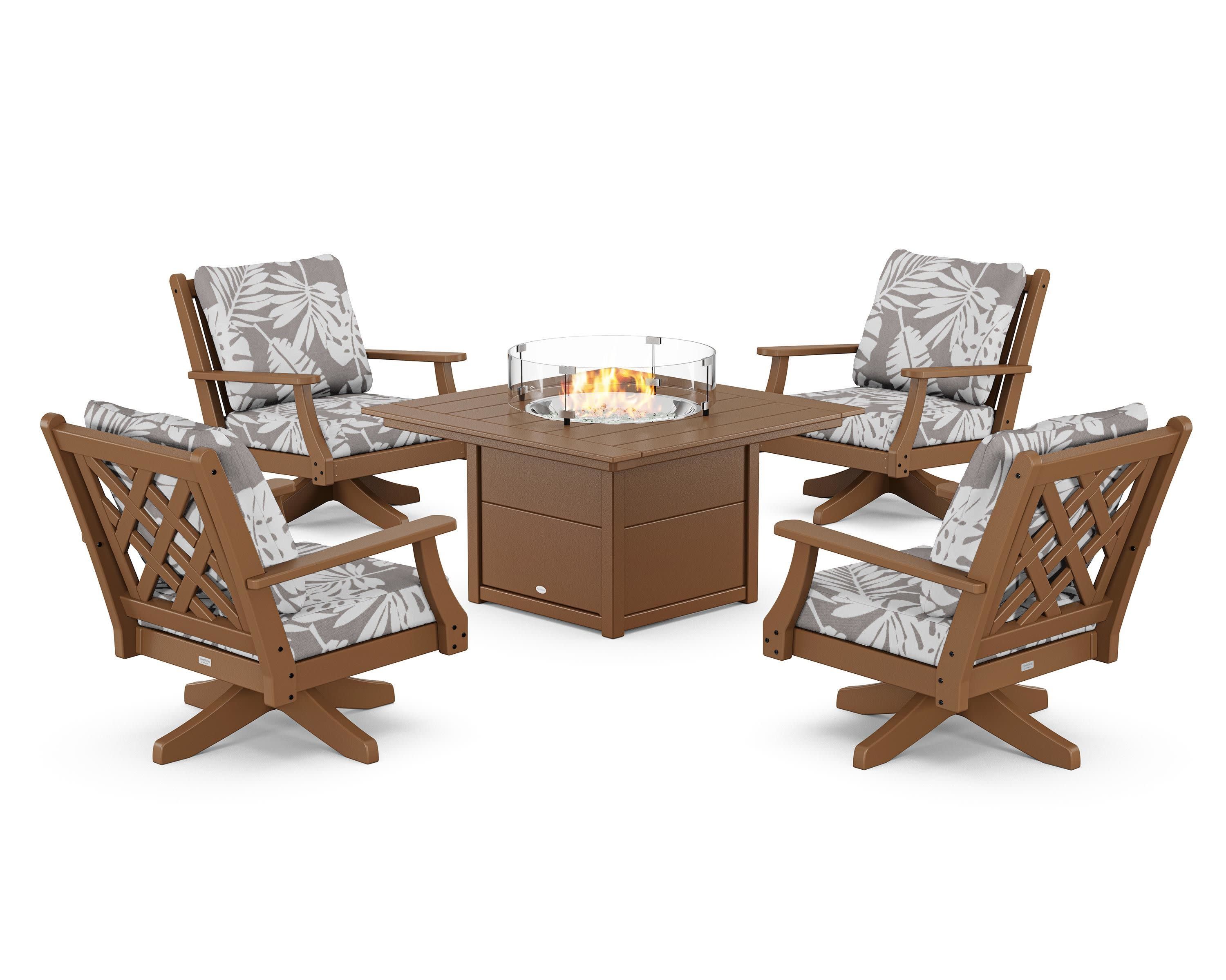 Wovendale 5-Piece Deep Seating Swivel Conversation Set with Fire Pit Table in Teak / Leaf Grey Mist
