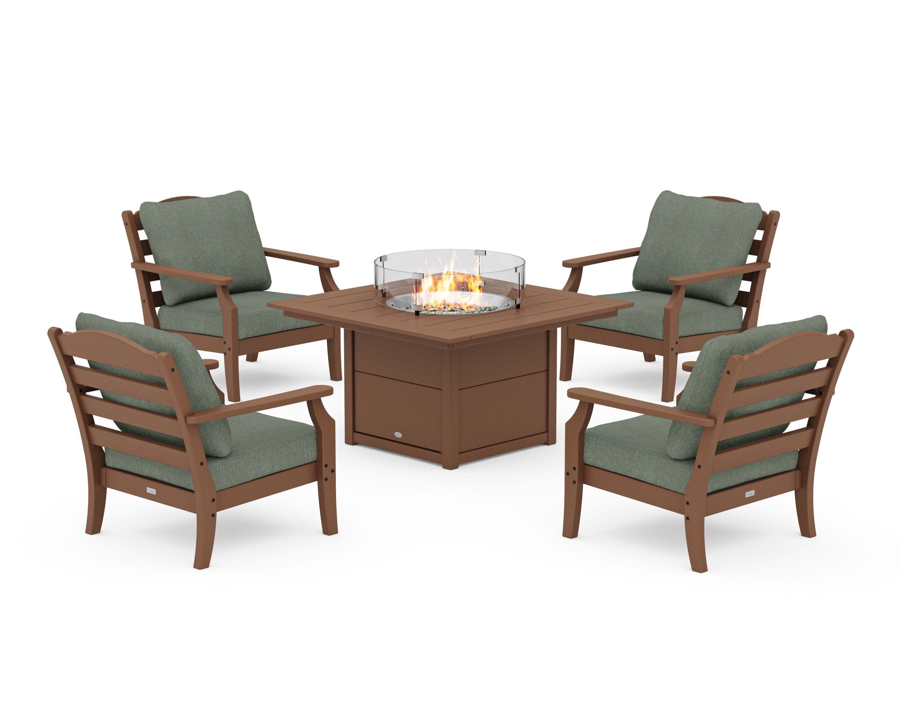 Savannah 5-Piece Deep Seating Set with Fire Pit Table in Teak / Cast Sage