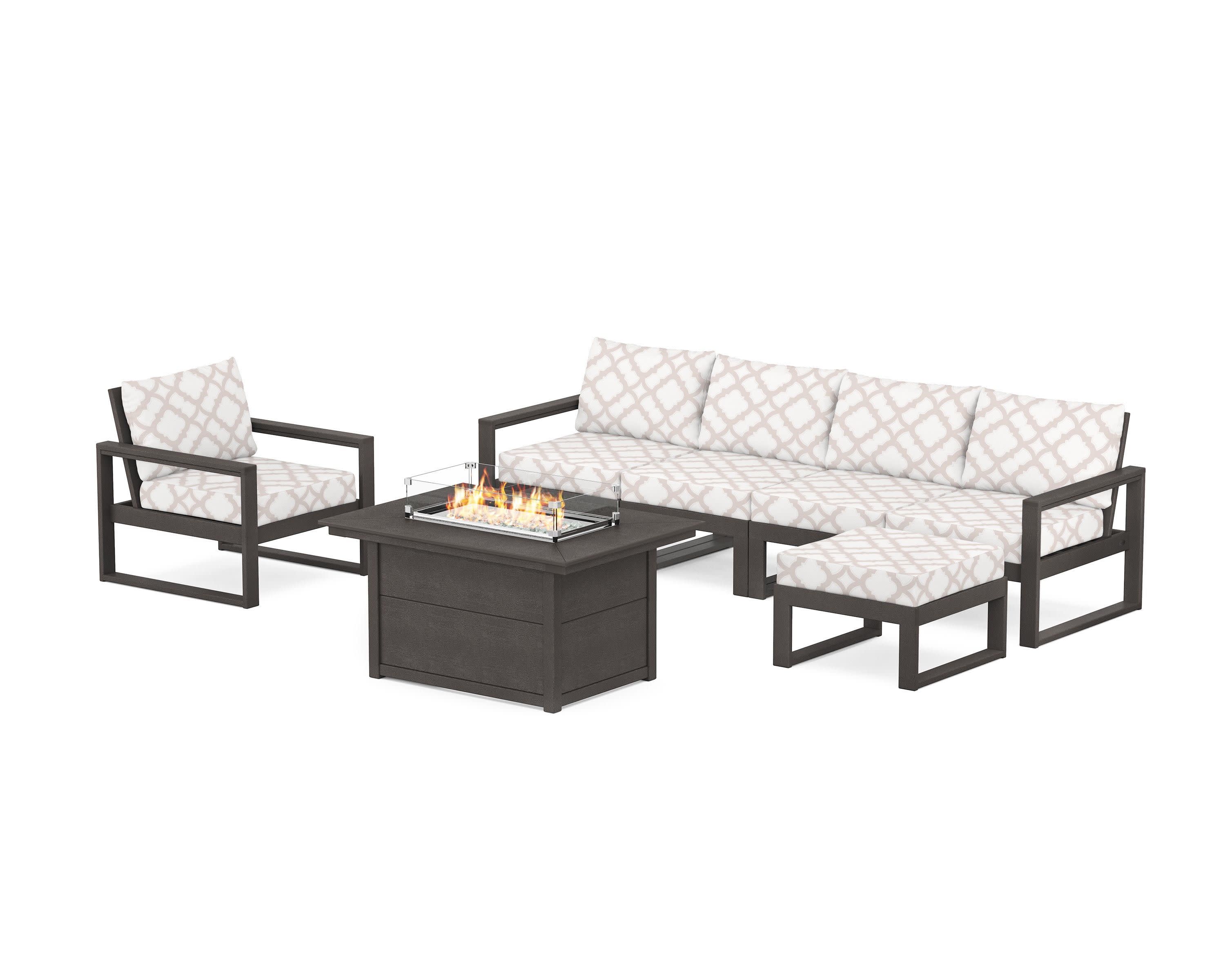 EDGE Sectional Lounge and Fire Pit Set in Vintage Coffee / Trellis Dune Burlap