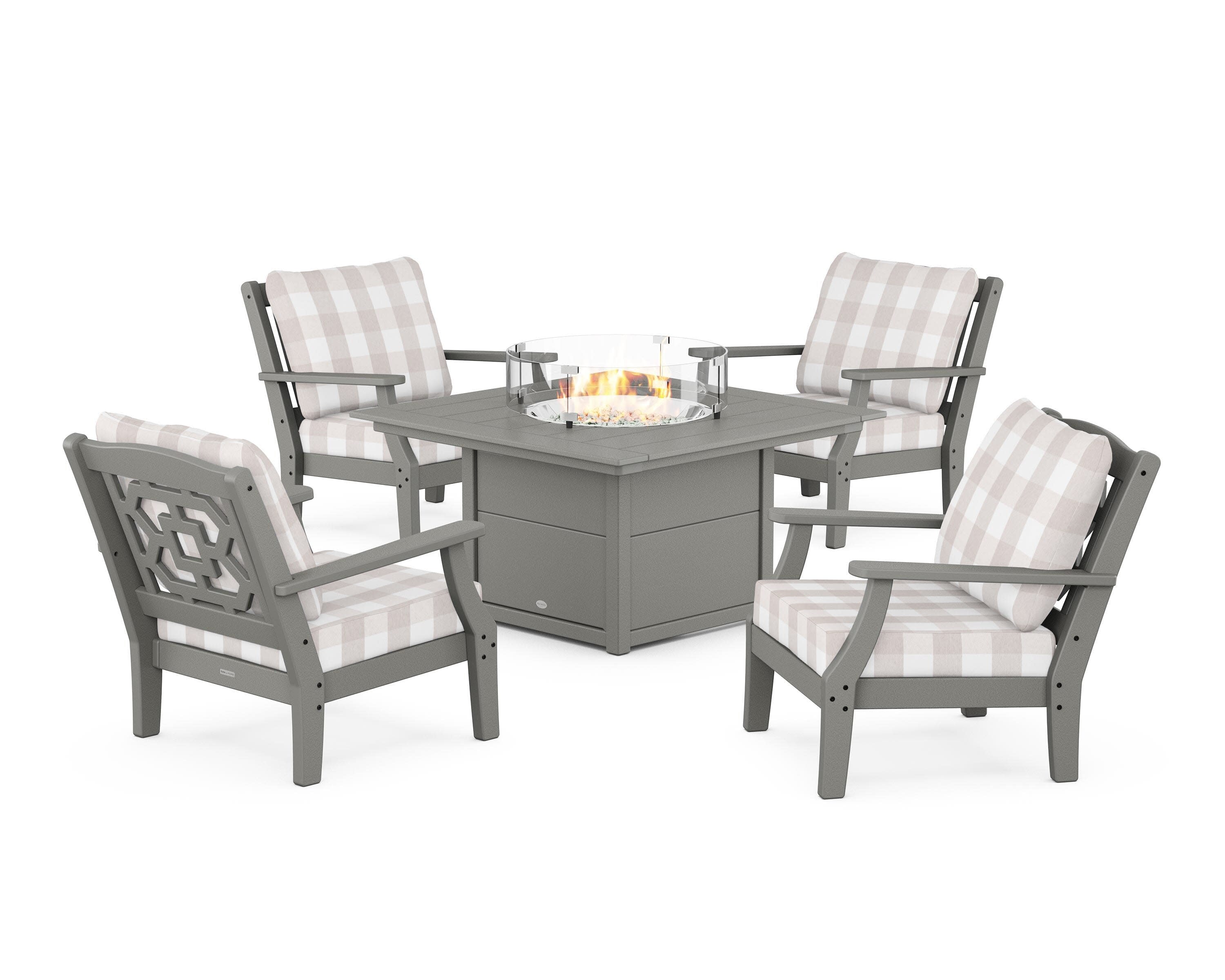 Chinoiserie 5-Piece Deep Seating Set with Fire Pit Table in Slate Grey / Buffalo Plaid Dune Burlap