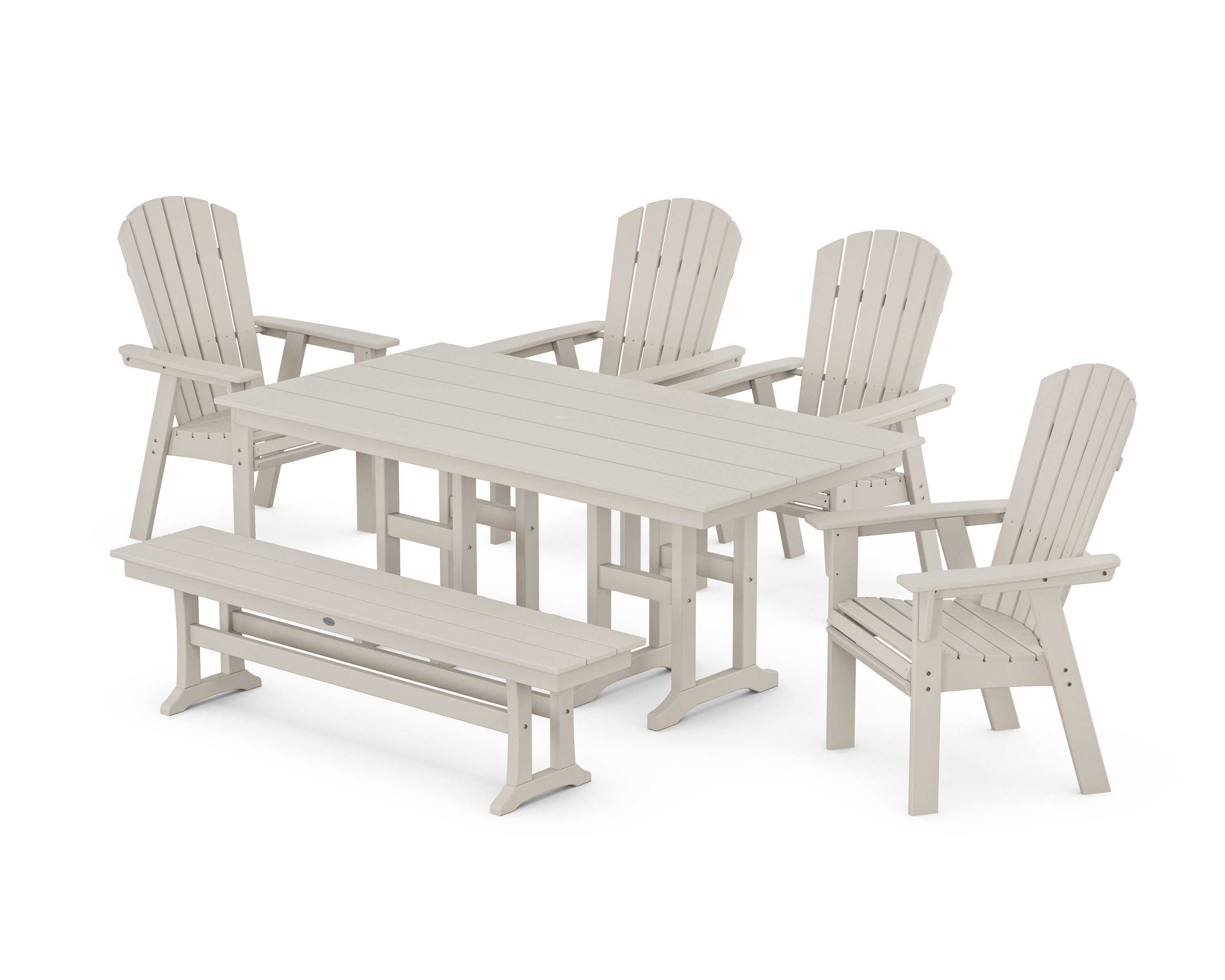 Nautical Curveback Adirondack 6-Piece Farmhouse Dining Set with Bench in Sand