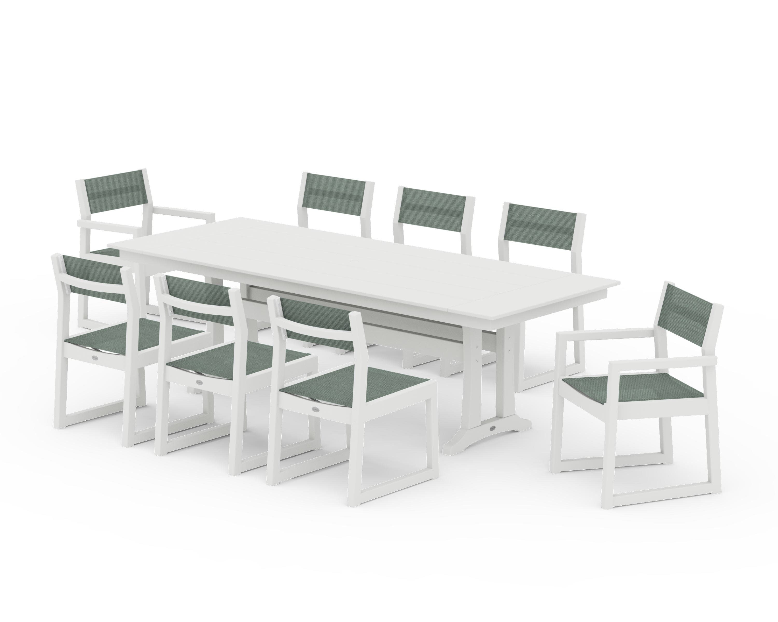 EDGE Sling 9-Piece Farmhouse Trestle Dining Set in Vintage White / Dupioni Sea Mist Sling