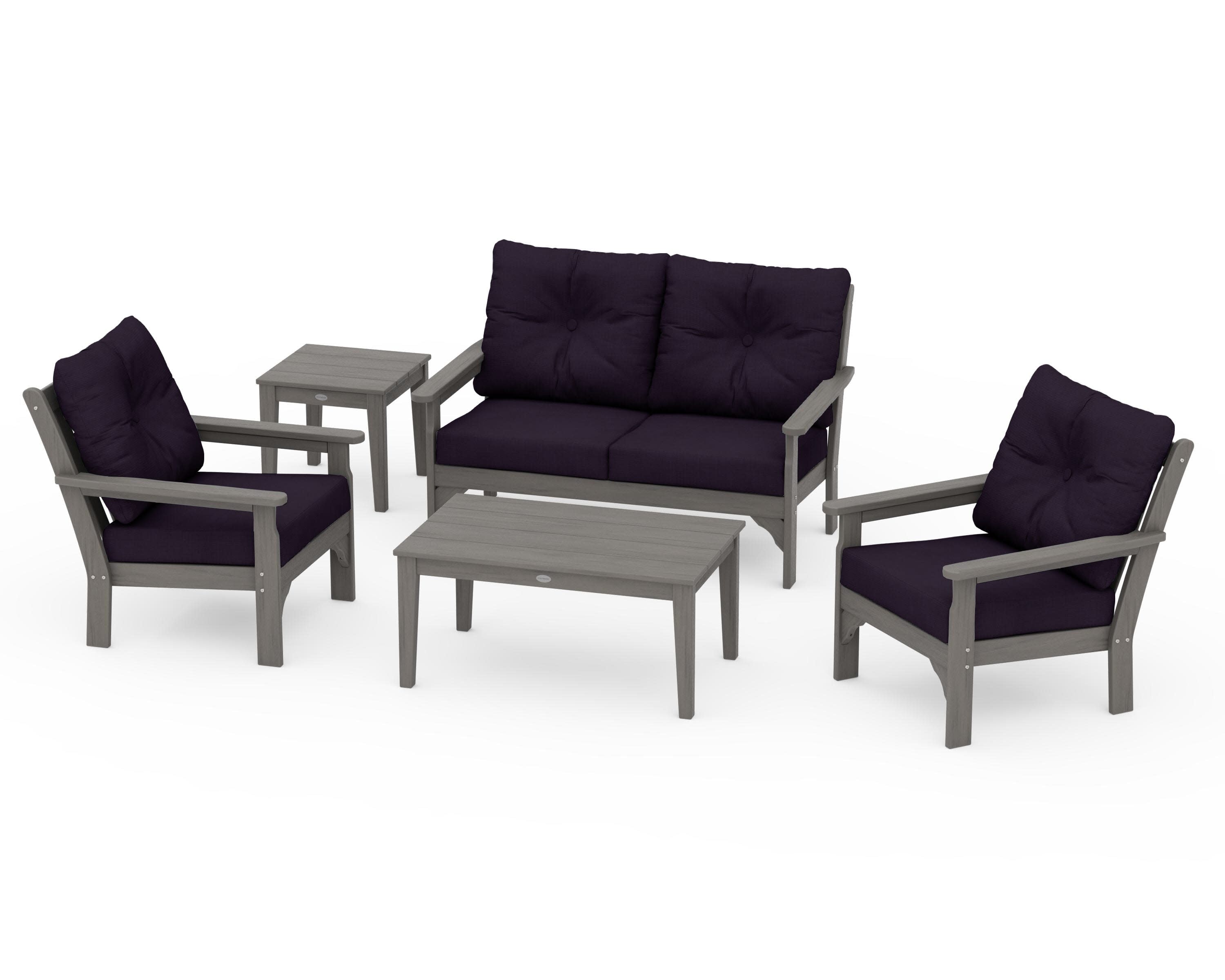 Vineyard 5-Piece Deep Seating Set in Driftwood / Navy Linen
