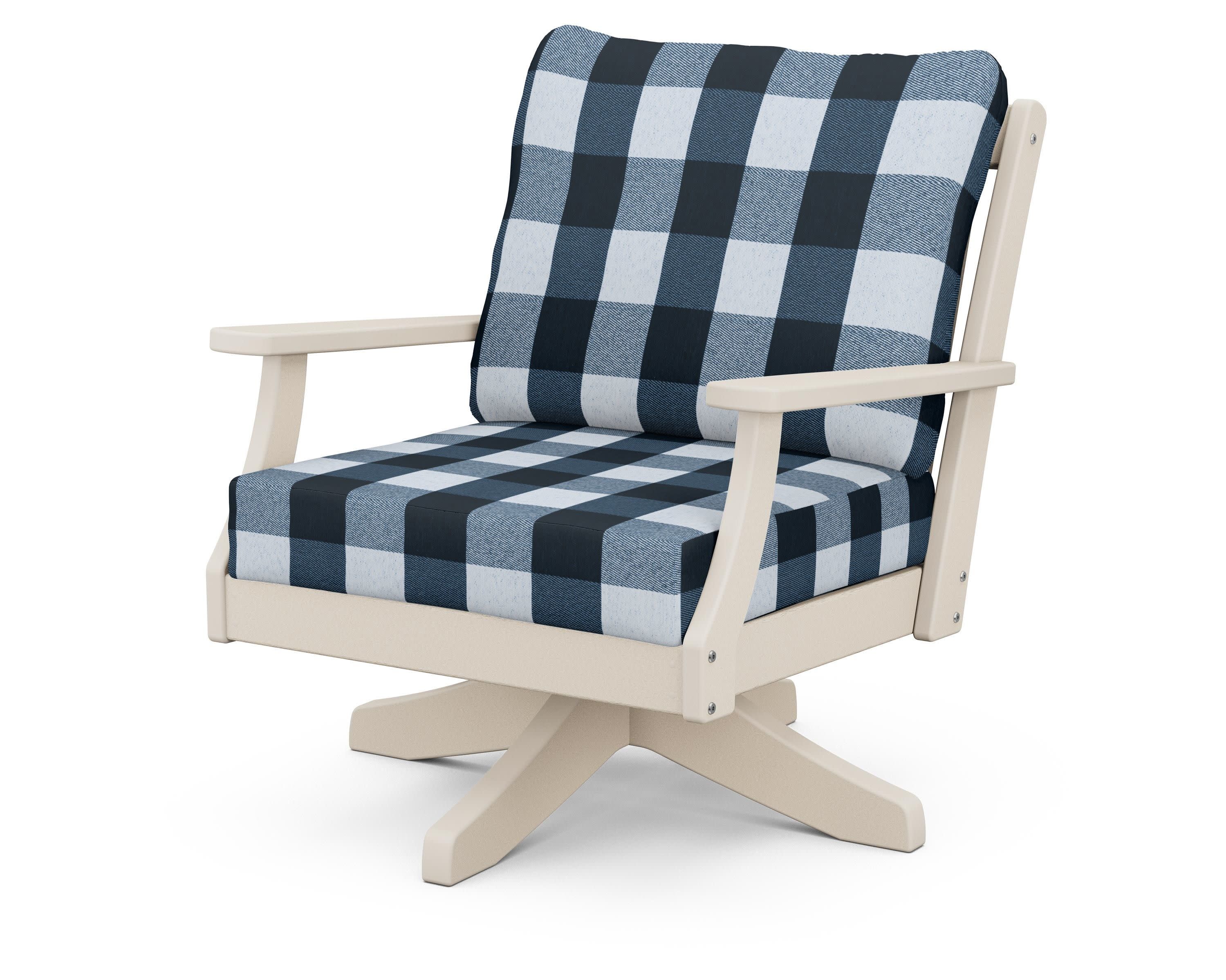 Braxton Deep Seating Swivel Chair in Sand / Buffalo Plaid Marine Indigo