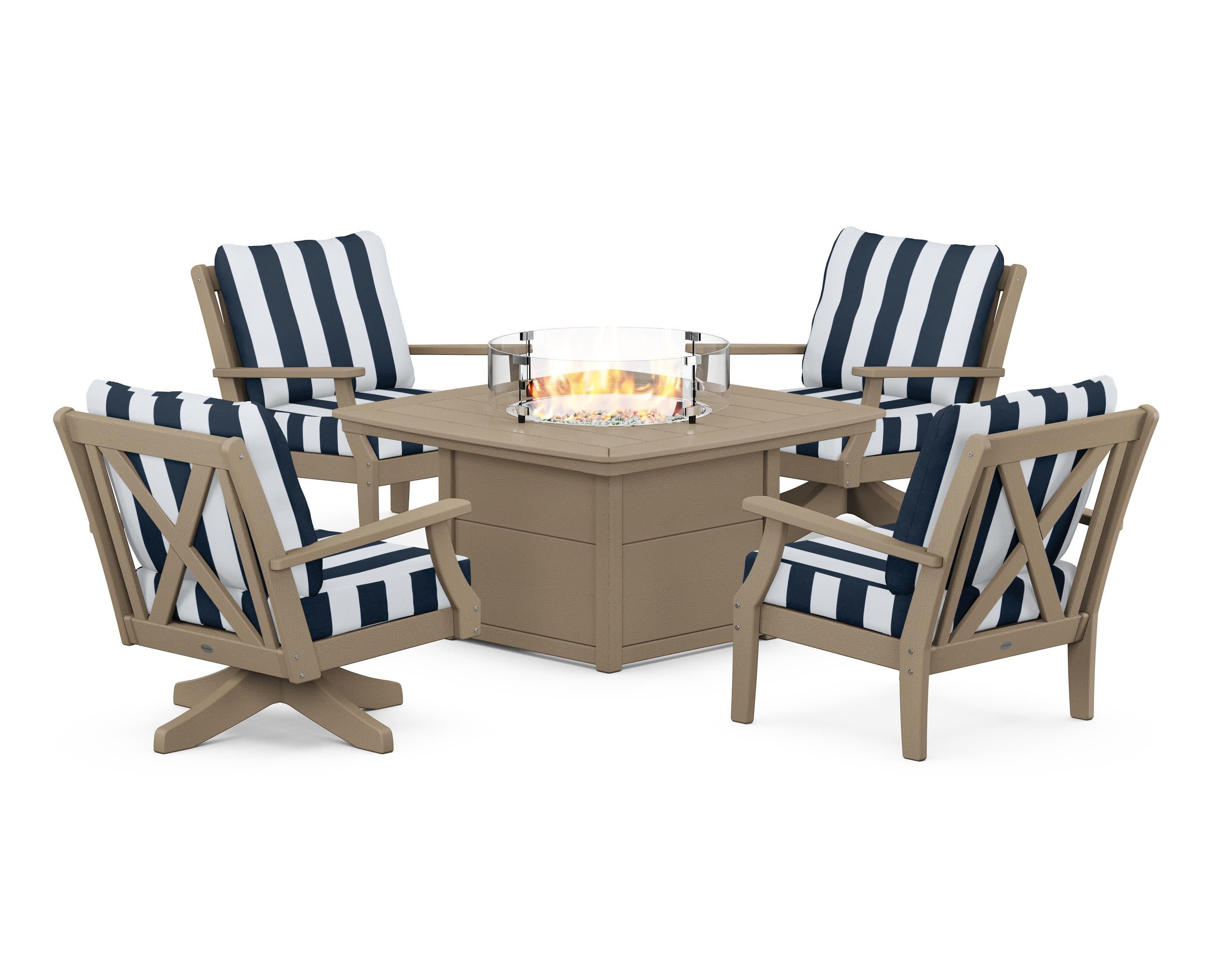 Braxton 5-Piece Deep Seating Set with Fire Table in Vintage Sahara / Cabana Stripe Marine Indigo