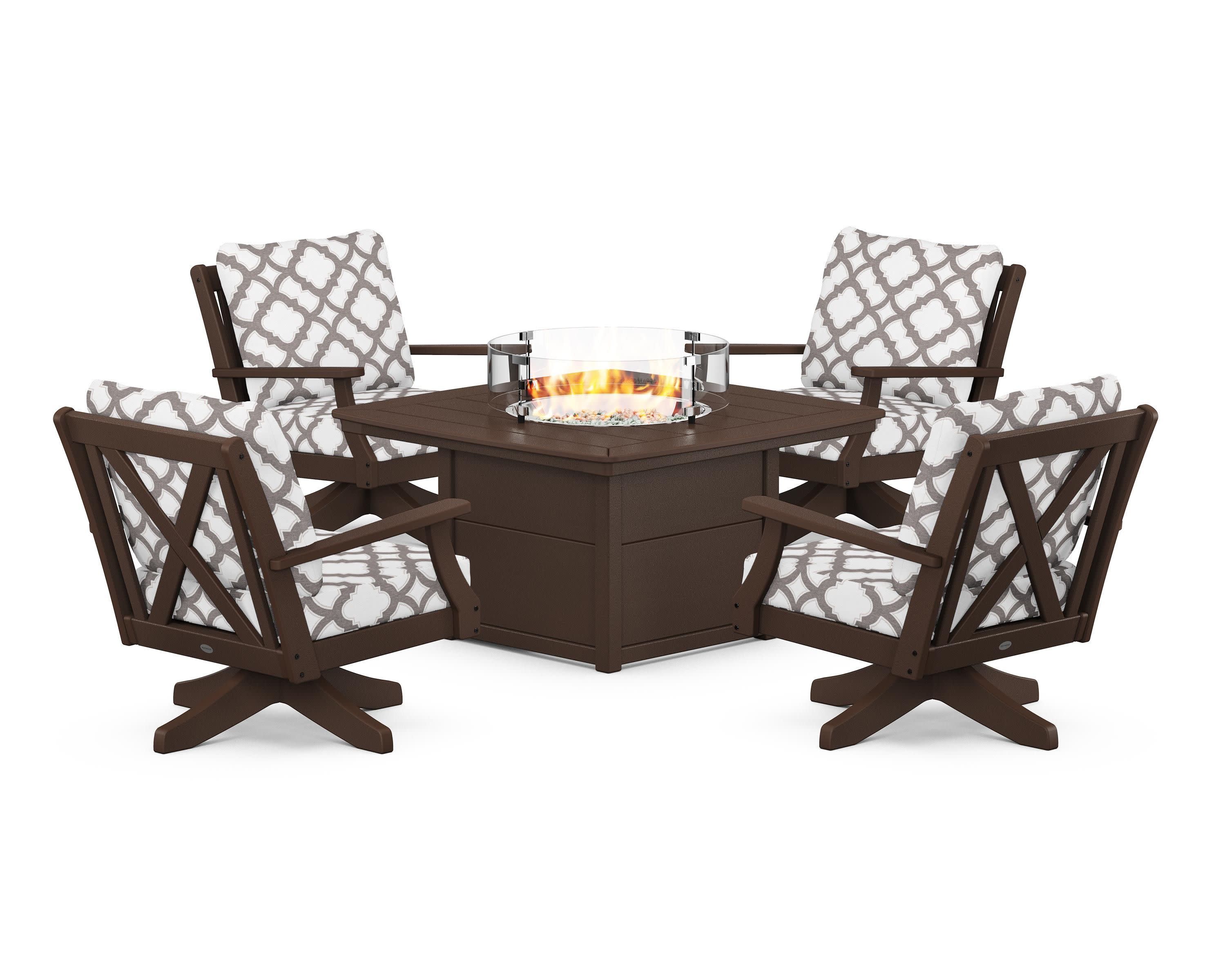 Braxton 5-Piece Deep Seating Swivel Conversation Set with Fire Pit Table in Mahogany / Trellis Grey Mist