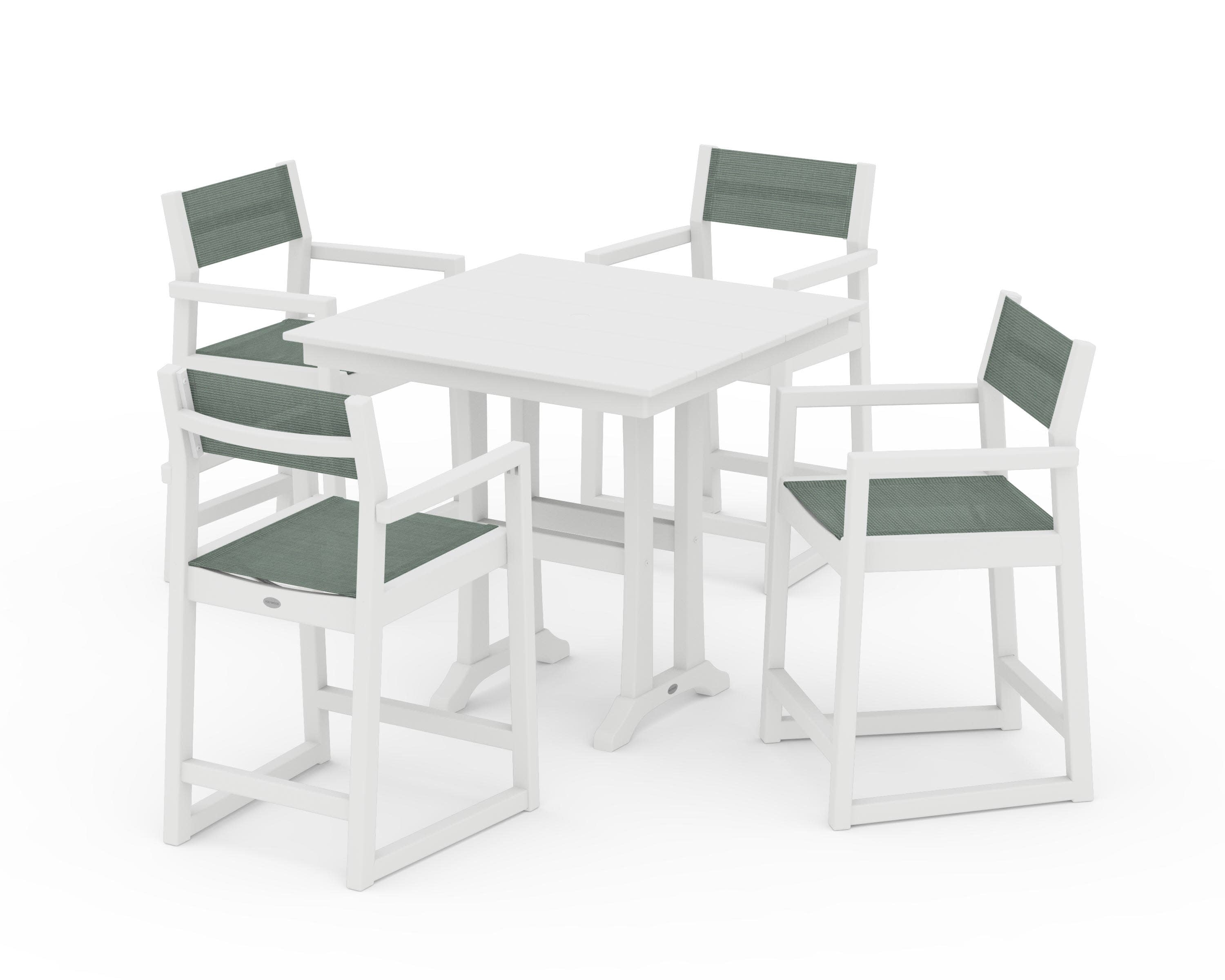 EDGE Sling Arm Chair 5-Piece Farmhouse Counter Set with Trestle Legs in White / Dupioni Sea Mist Sling