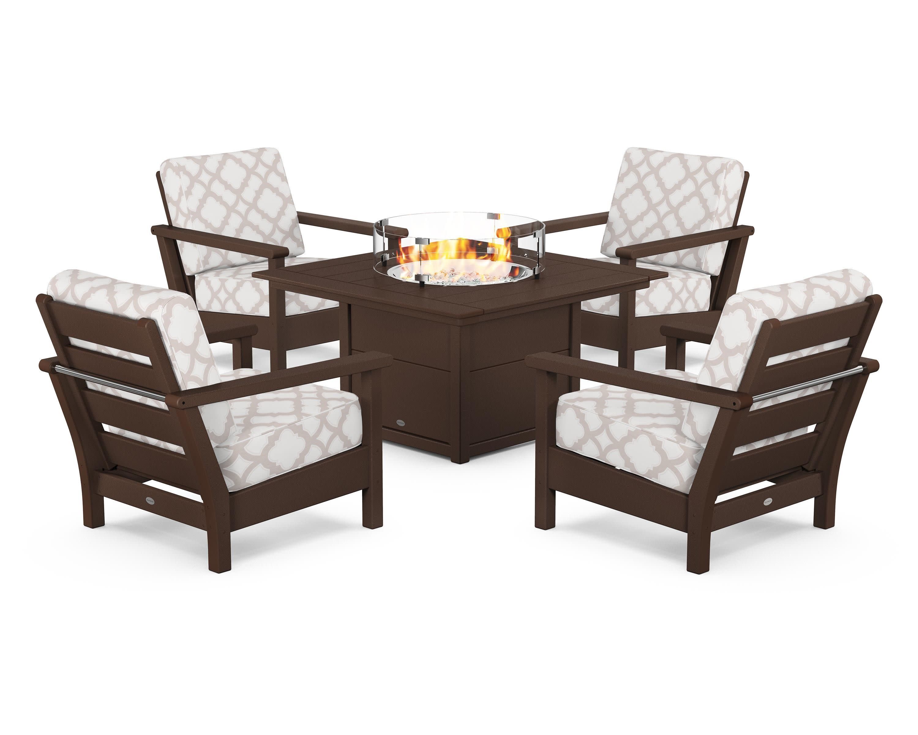Harbour 5-Piece Conversation Set with Fire Pit Table in Mahogany / Trellis Dune Burlap