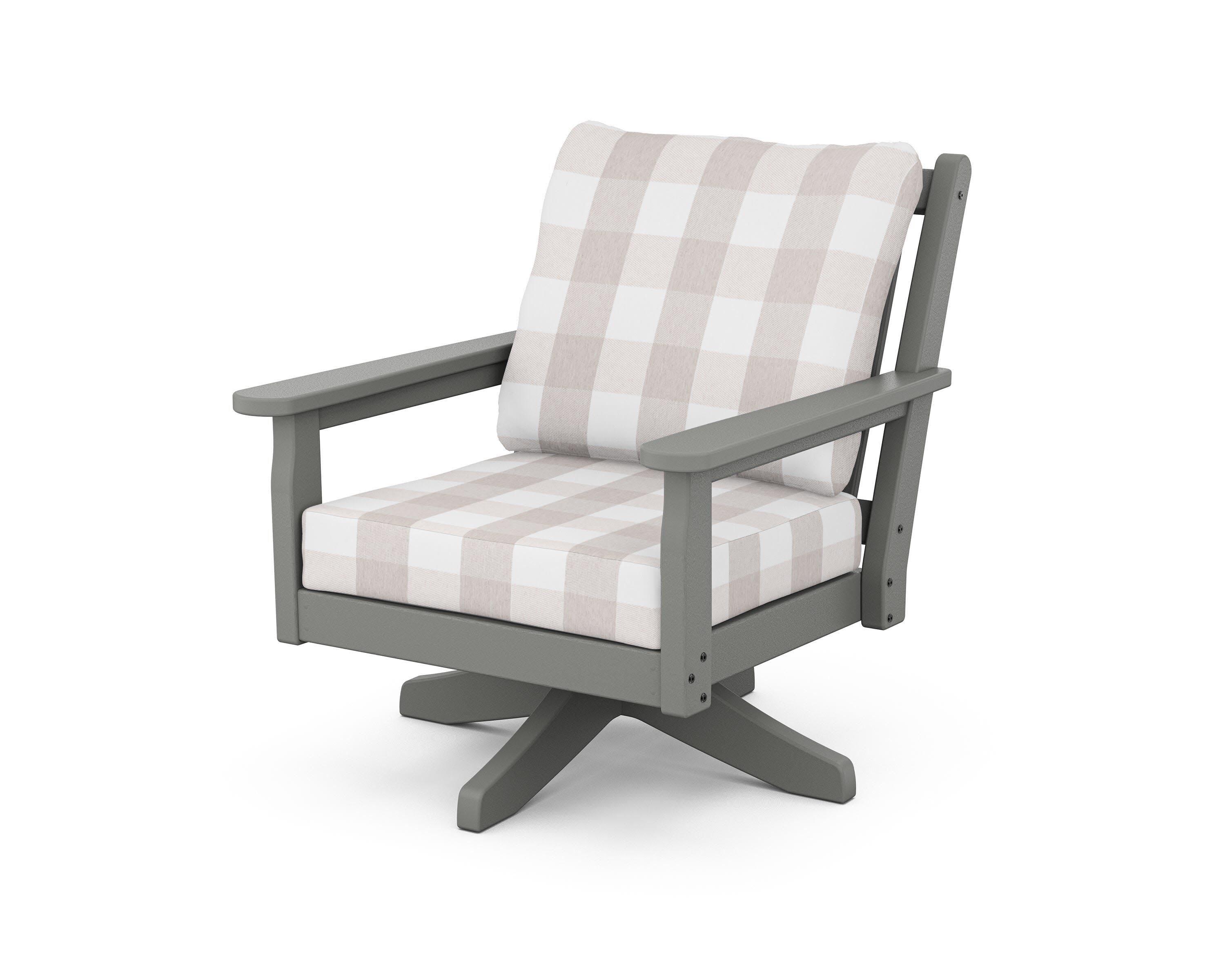 Chippendale Deep Seating Swivel Chair in Slate Grey / Buffalo Plaid Dune Burlap