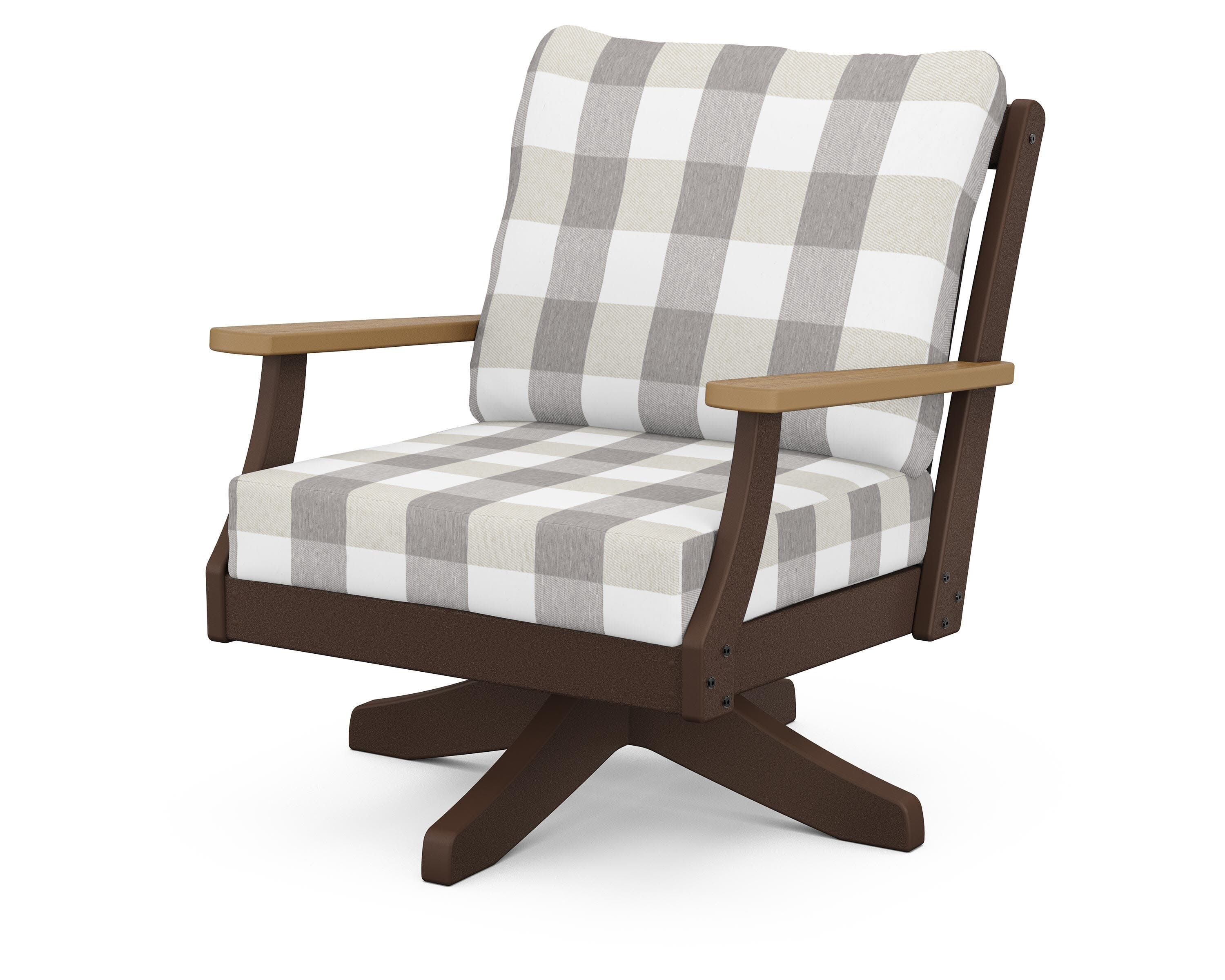 Braxton Deep Seating Swivel Chair in Mahogany / Natural / Buffalo Plaid Grey Mist