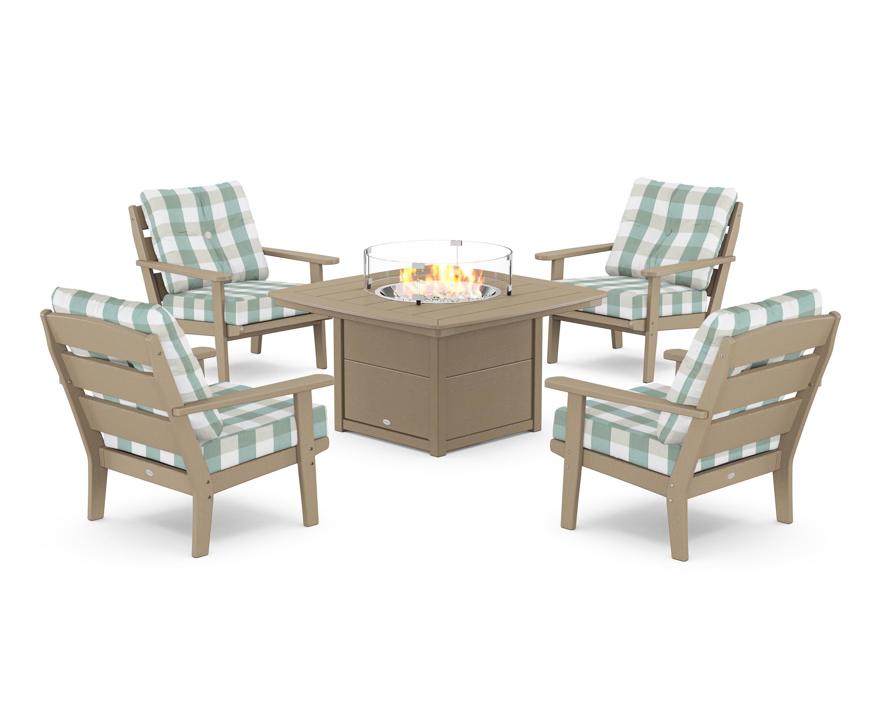 Lakeside 5-Piece Deep Seating Set with Nautical Fire Pit Table in Vintage Sahara / Buffalo Plaid Glacier Spa