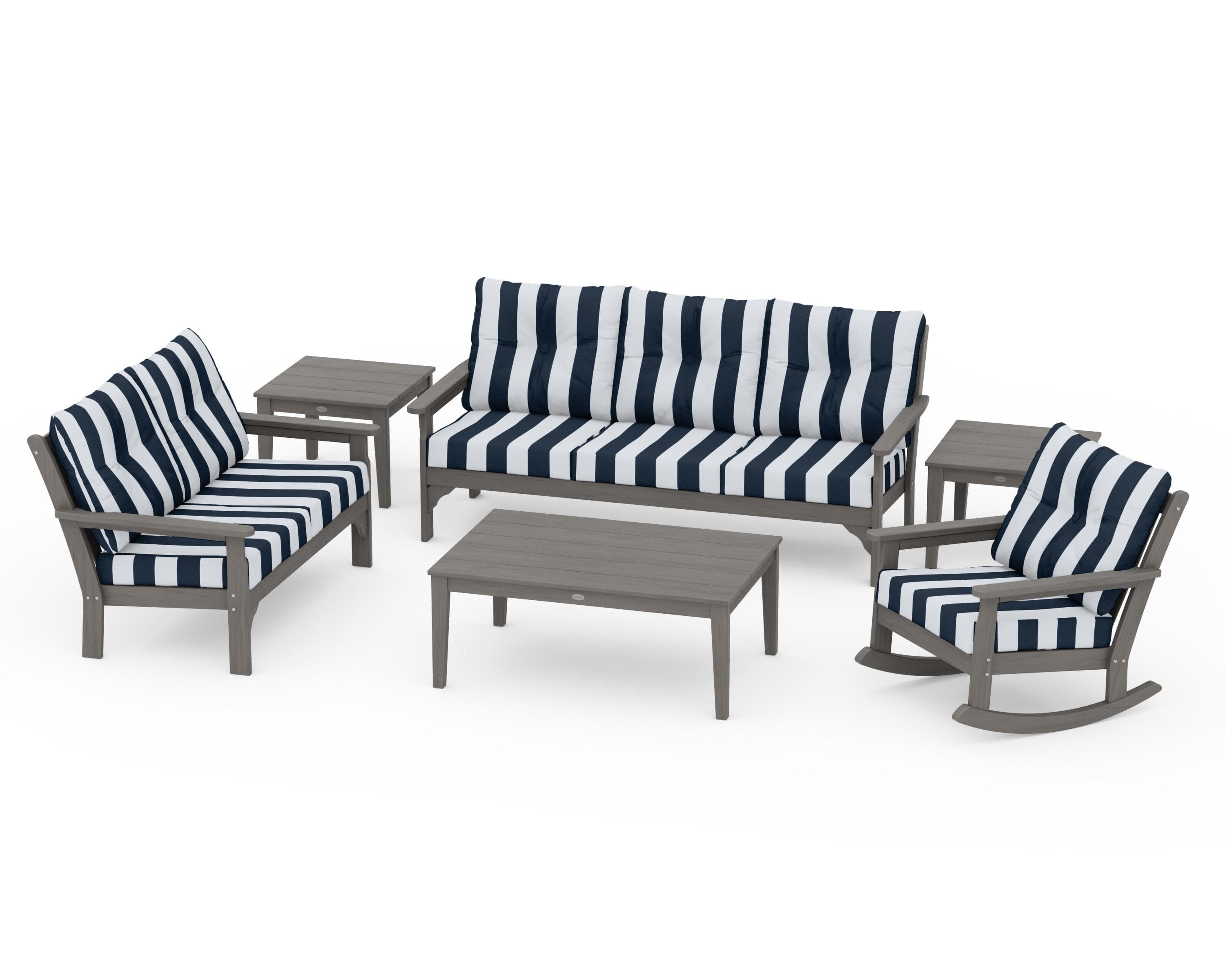 Vineyard 6-Piece Deep Seating Set in Driftwood / Cabana Stripe Marine Indigo