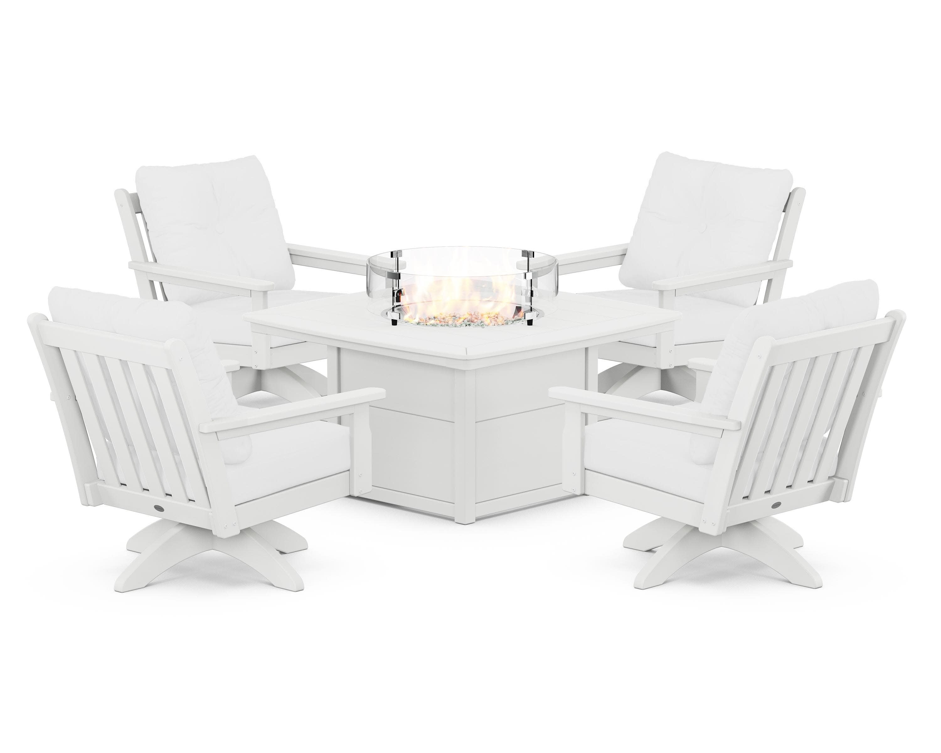 Vineyard 5-Piece Deep Seating Swivel Conversation Set with Fire Pit Table in White / Natural