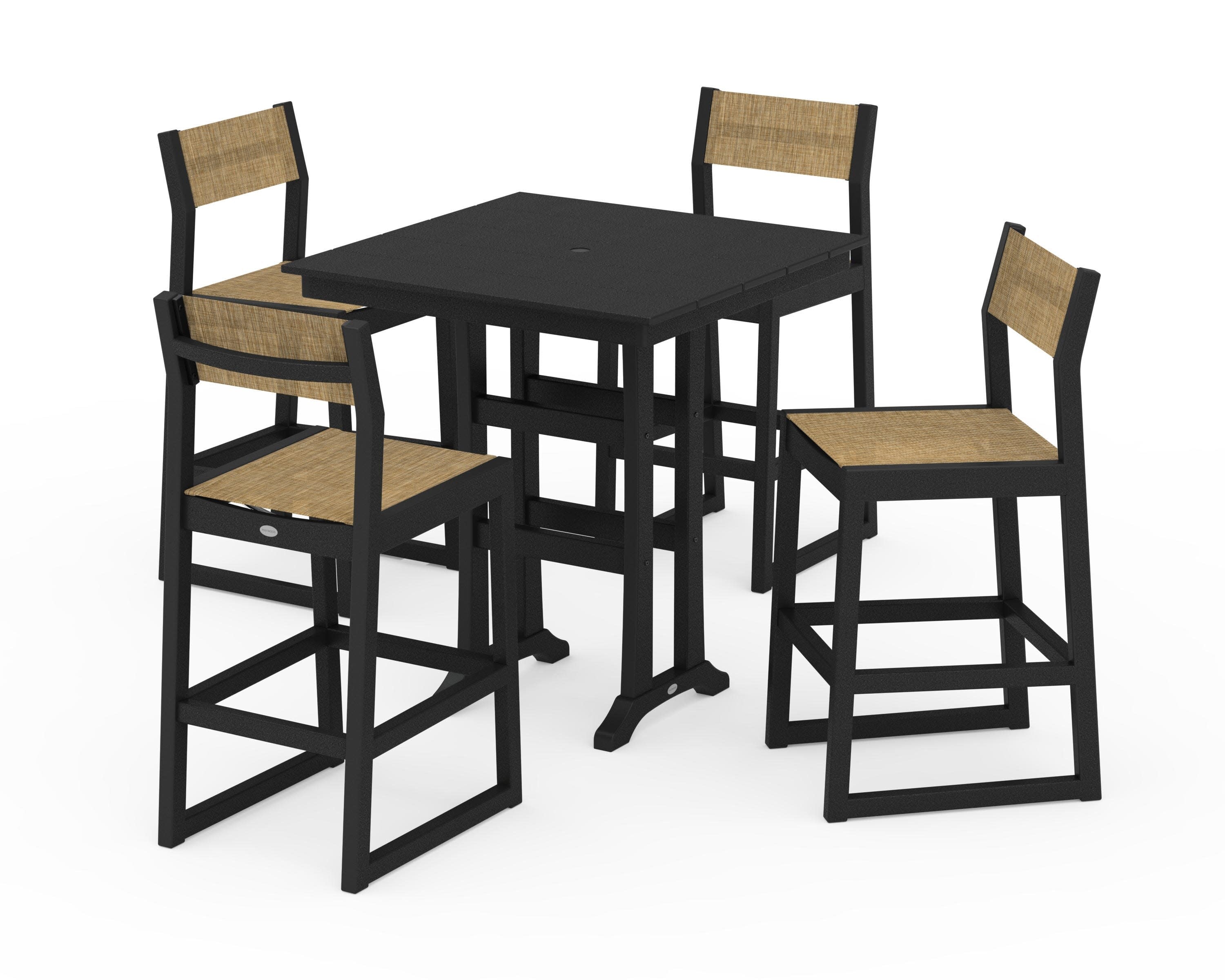 EDGE Sling Arm Chair 5-Piece Farmhouse Bar Set with Trestle Legs in Black / Burlap Sling