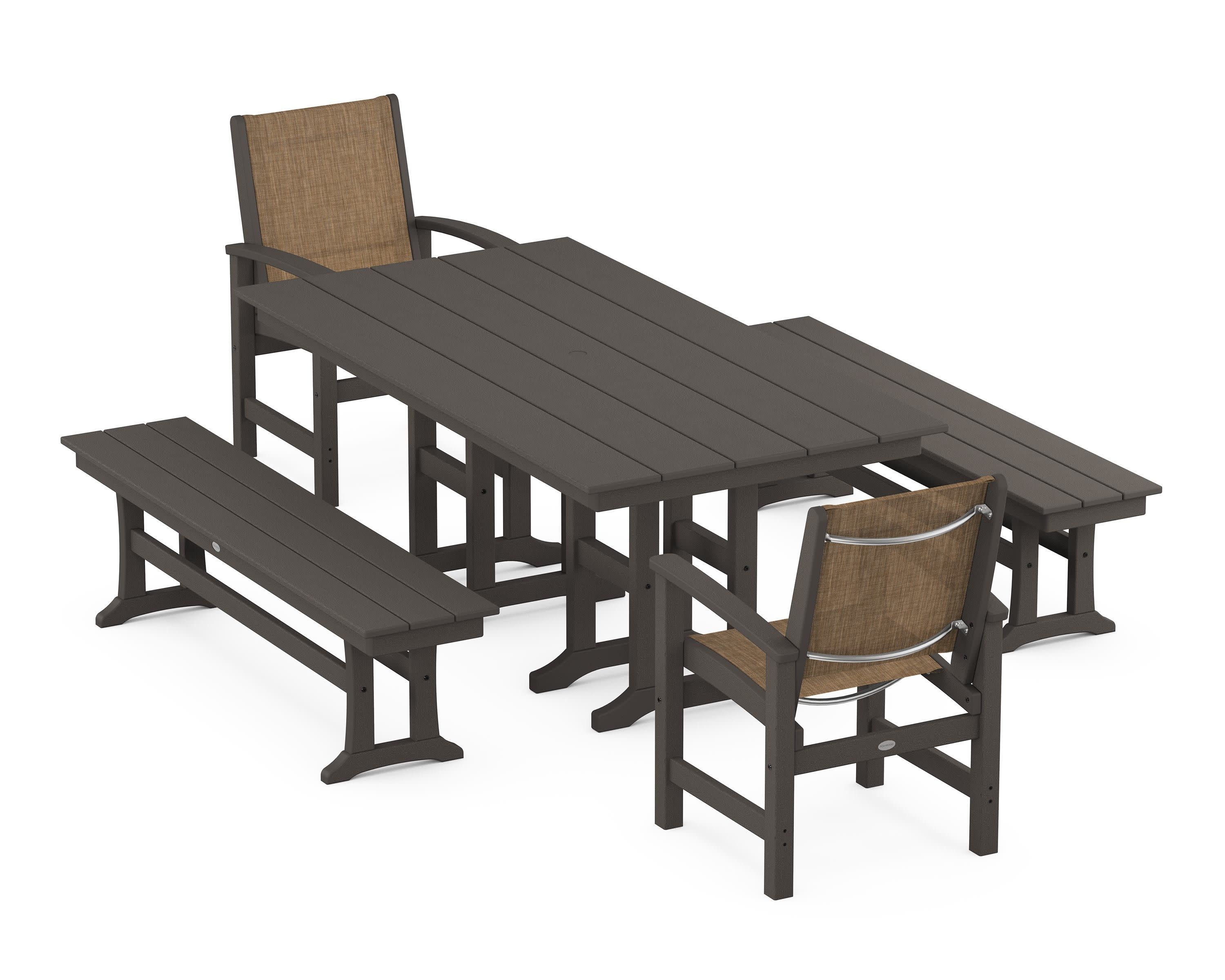 Coastal 5-Piece Farmhouse Dining Set in Vintage Coffee / Burlap Sling