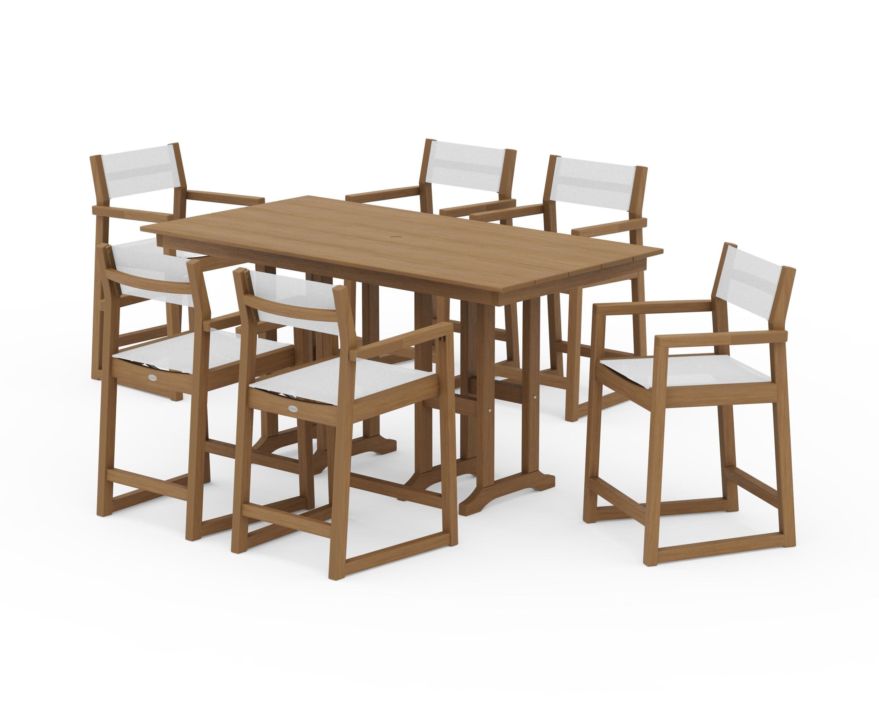 EDGE Sling Arm Chair 7-Piece Farmhouse Counter Set in Natural / White Sling