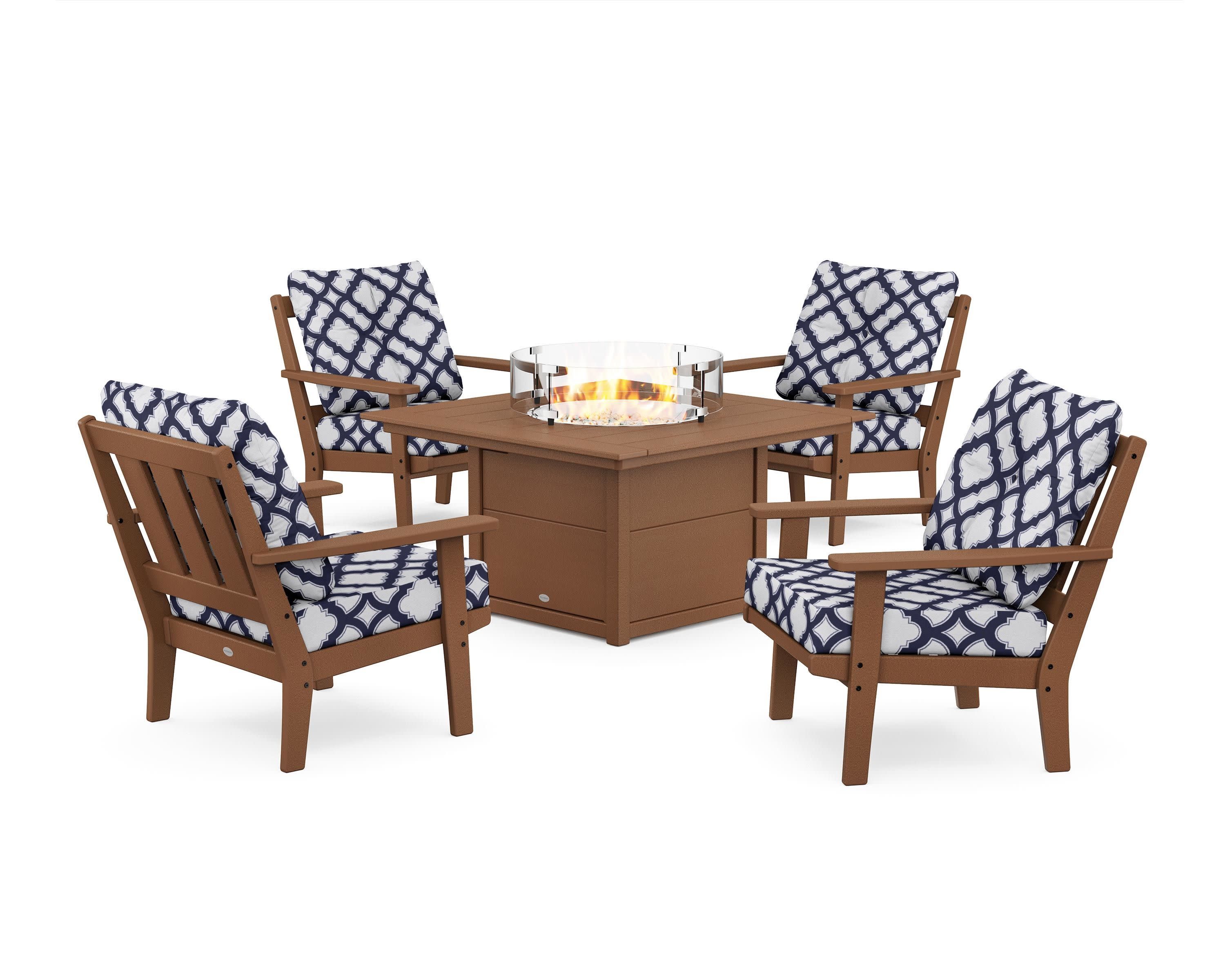 Oxford 5-Piece Deep Seating Set with Fire Pit Table in Teak / Trellis Navy