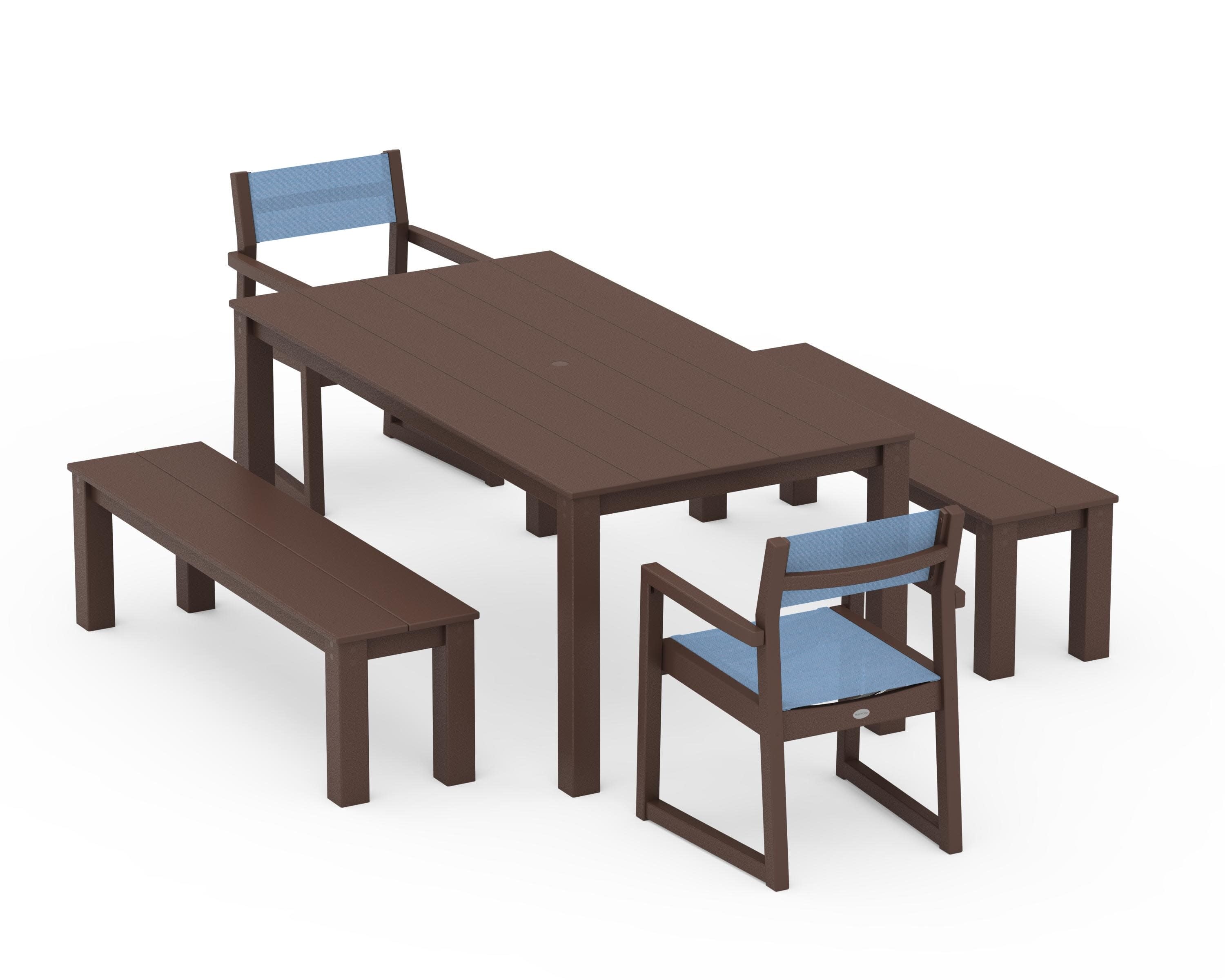 EDGE Sling Arm Chair 5-Piece Parsons Dining Set with Benches in Mahogany / Poolside Sling