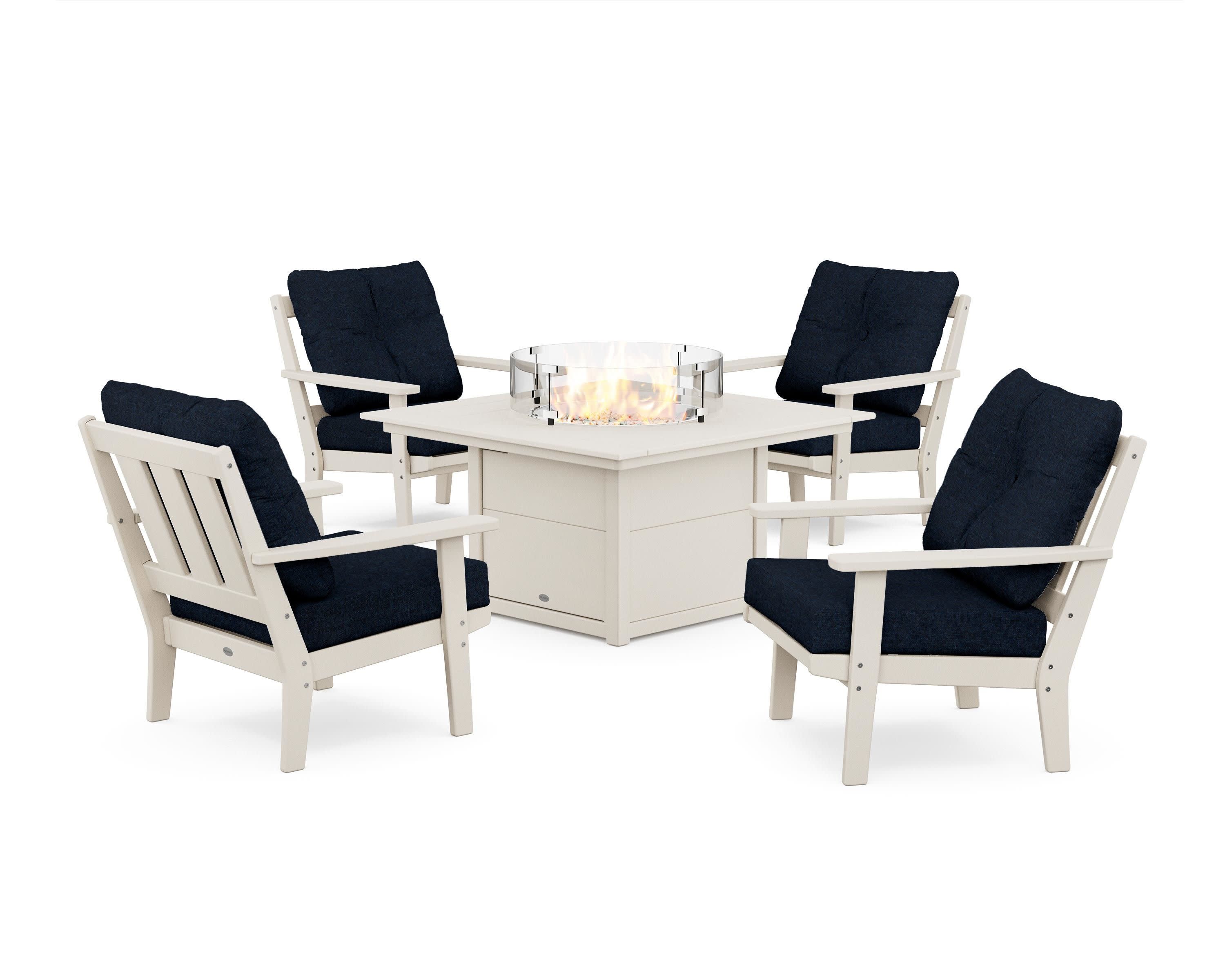 Oxford 5-Piece Deep Seating Set with Fire Pit Table in Sand / Marine Indigo