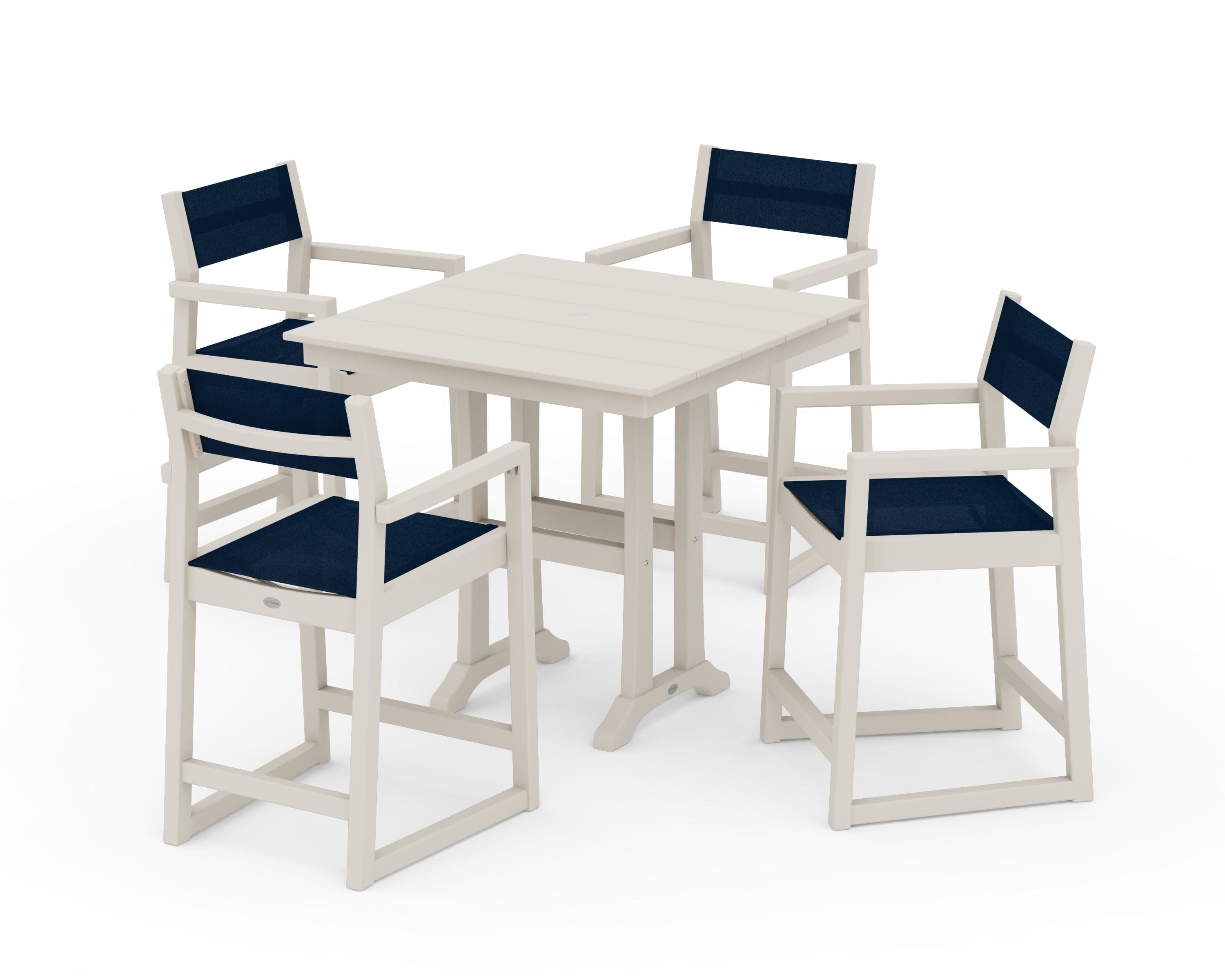 EDGE Sling Arm Chair 5-Piece Farmhouse Counter Set with Trestle Legs in Sand / Navy Blue Sling