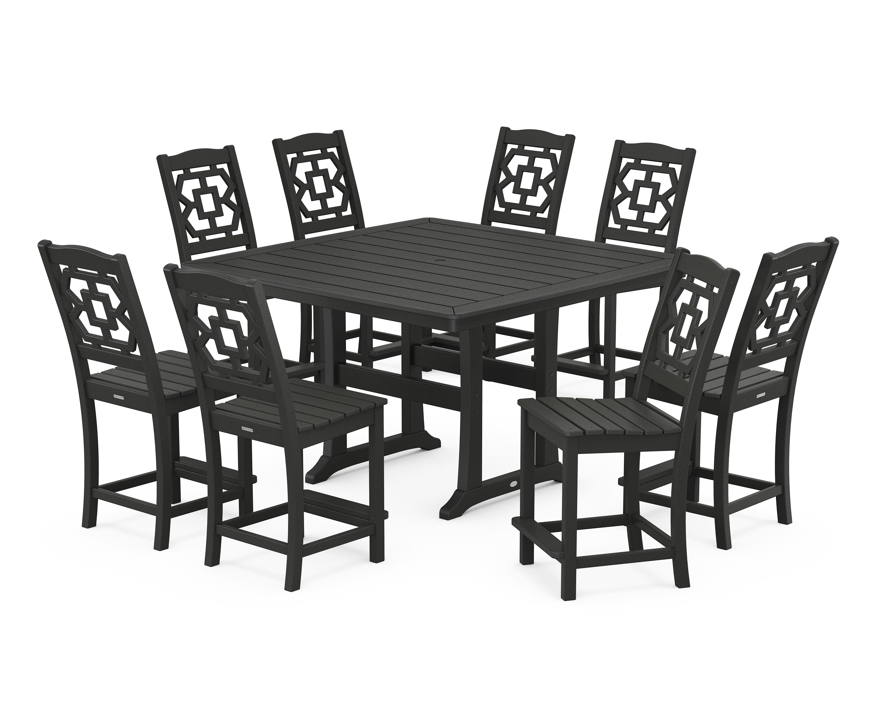 Chinoiserie 9-Piece Square Side Chair Counter Set with Trestle Legs in Black