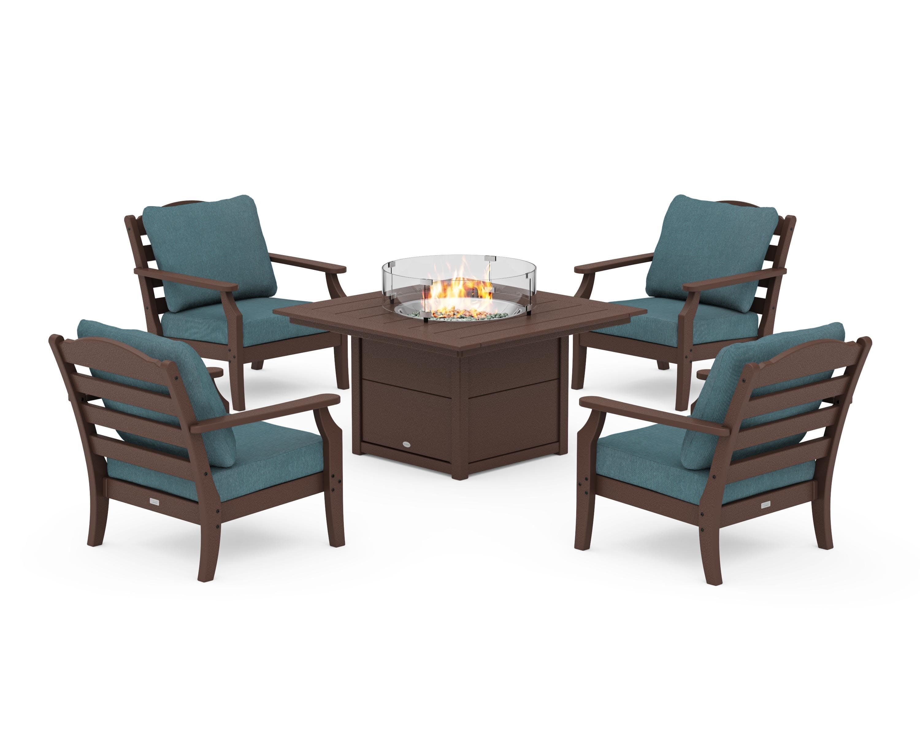 Savannah 5-Piece Deep Seating Set with Fire Pit Table in Mahogany / Ocean Teal